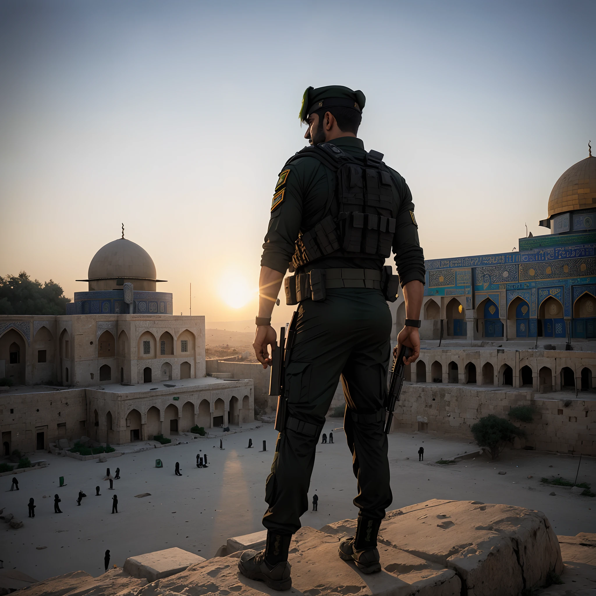 (Pakistani Commando wearing black commando uniform with the name Basit Written back side of the shirt) (standing on the Rock) in front of (masjid ul aqsa) (sunset time ) (Palestine falg) 8k resolution realistic image --auto