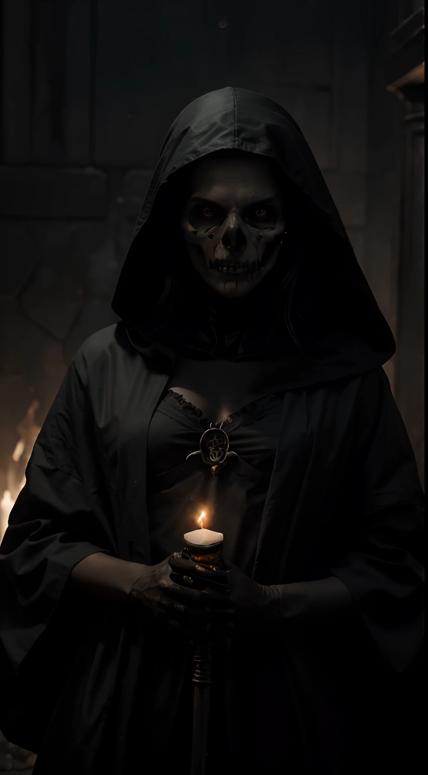 Create a frighteningly detailed and realistic depiction of the hooded figure of Death. Deepika Padukone. The scene is expected to feature a black silhouette with a skull on a face and a skeletal hand holding a menacing sickle. Esta figura sinistra deve ter como pano de fundo uma noite nebulosa iluminada pela luz fria da lua. A imagem deve exalar uma atmosfera sinistra e arrepiante. Use Octane rendering to capture realistic textures and lighting. The resolution should be an impressive 8K, ensuring extraordinary clarity and precision in portraying the sinister aspect of Death.