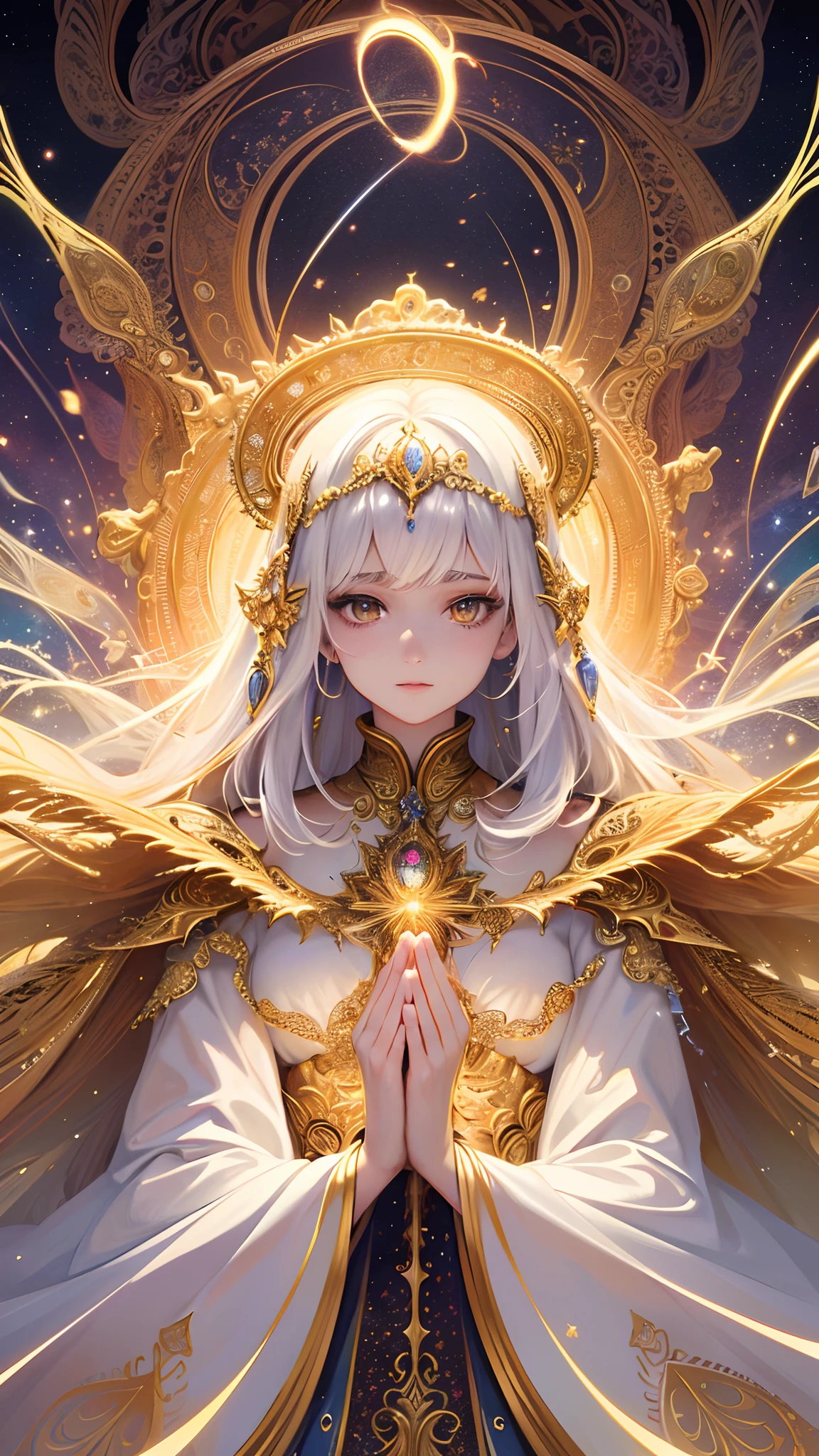Super beautiful glowing eyes、((top-quality)), ((masterpiece)), ((realisitic)), portlate,
1girl in、Um ser celestial、Deities、goddes、Particles of light、The halo、looking at the viewers、
(bio luminescent:0.95)、Vivid、colourfull、Farbe、(Shines、Shines)、
(Beautiful composition)、lighting like a movie、with an intricate、(Symetrical:0.5)、capricious、