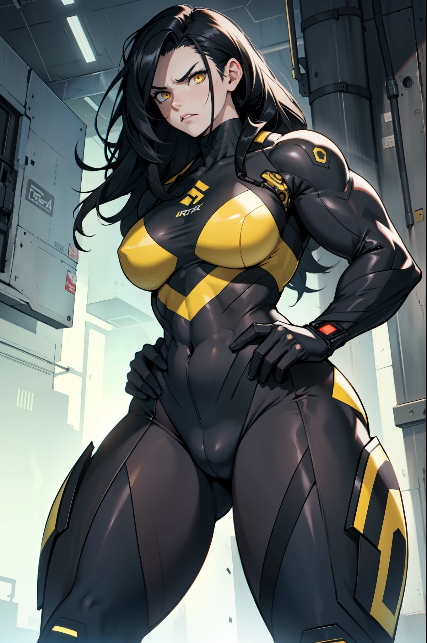 1 girl pale skin black hair yellow eyes long hair angry muscular toned body bodybuilder (cybernetic suit) curvy wide hips thick thighs