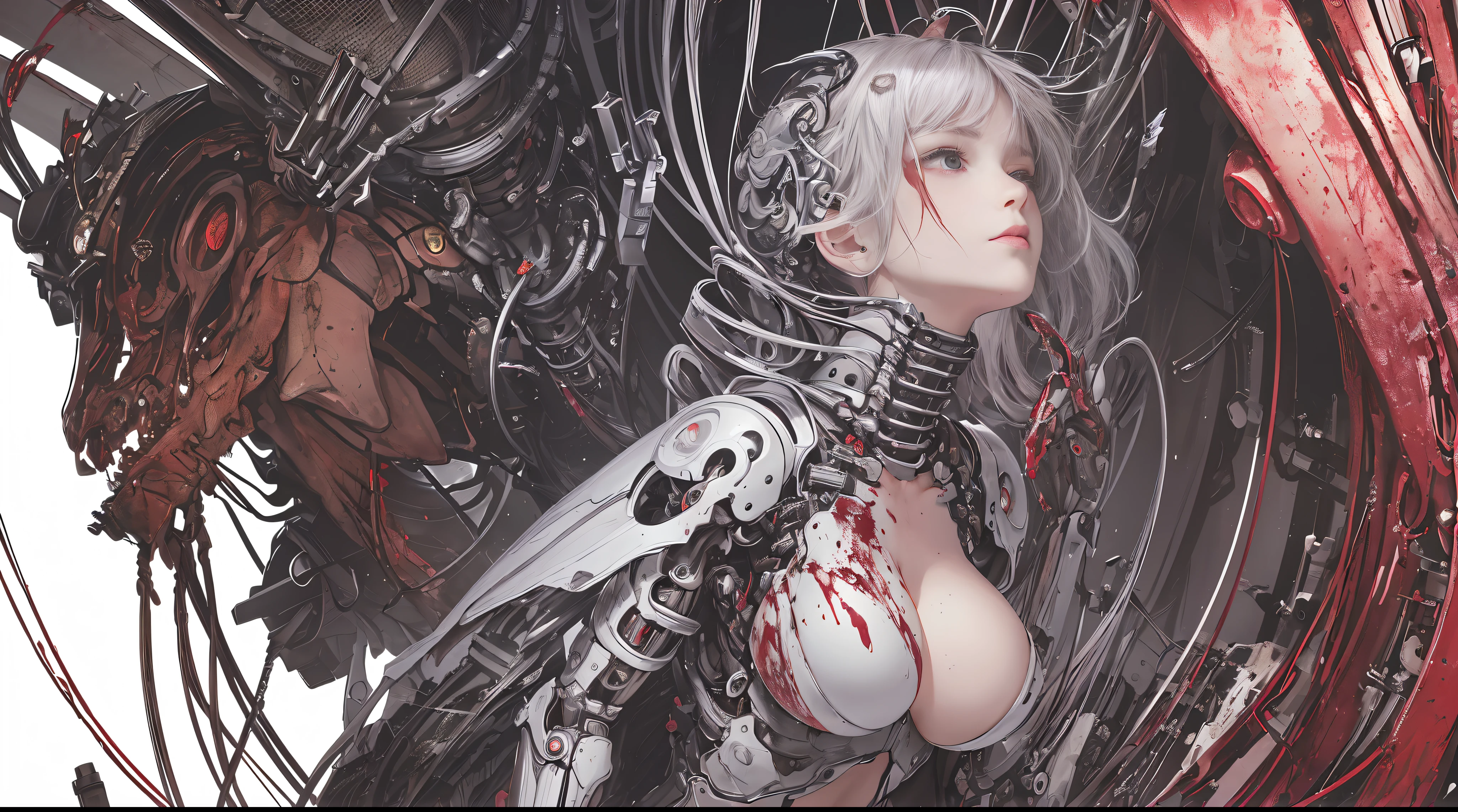 (masterpiece, top quality, best quality, official art, beautiful and aesthetic:1.2), (1girl:1.3), extreme detailed,colorful,highest detailed ((ultra-detailed)), (highly detailed CG illustration), ((an extremely delicate and beautiful)),cinematic light,((1mechanical girl)),solo,full body,((real breasts, mechanical torso:1.2)),(machine made joints:1.2),((mechanical limbs)),(blood vessels connected to tubes),(mechanical vertebrae attaching to back),((mechanical cervical attaching to neck)),(fetal position),expressionless,(wires and cables attaching to neck:1.2),(wires and cables on head:1.2)(character focus),science fiction,white background,(blood:1.5)