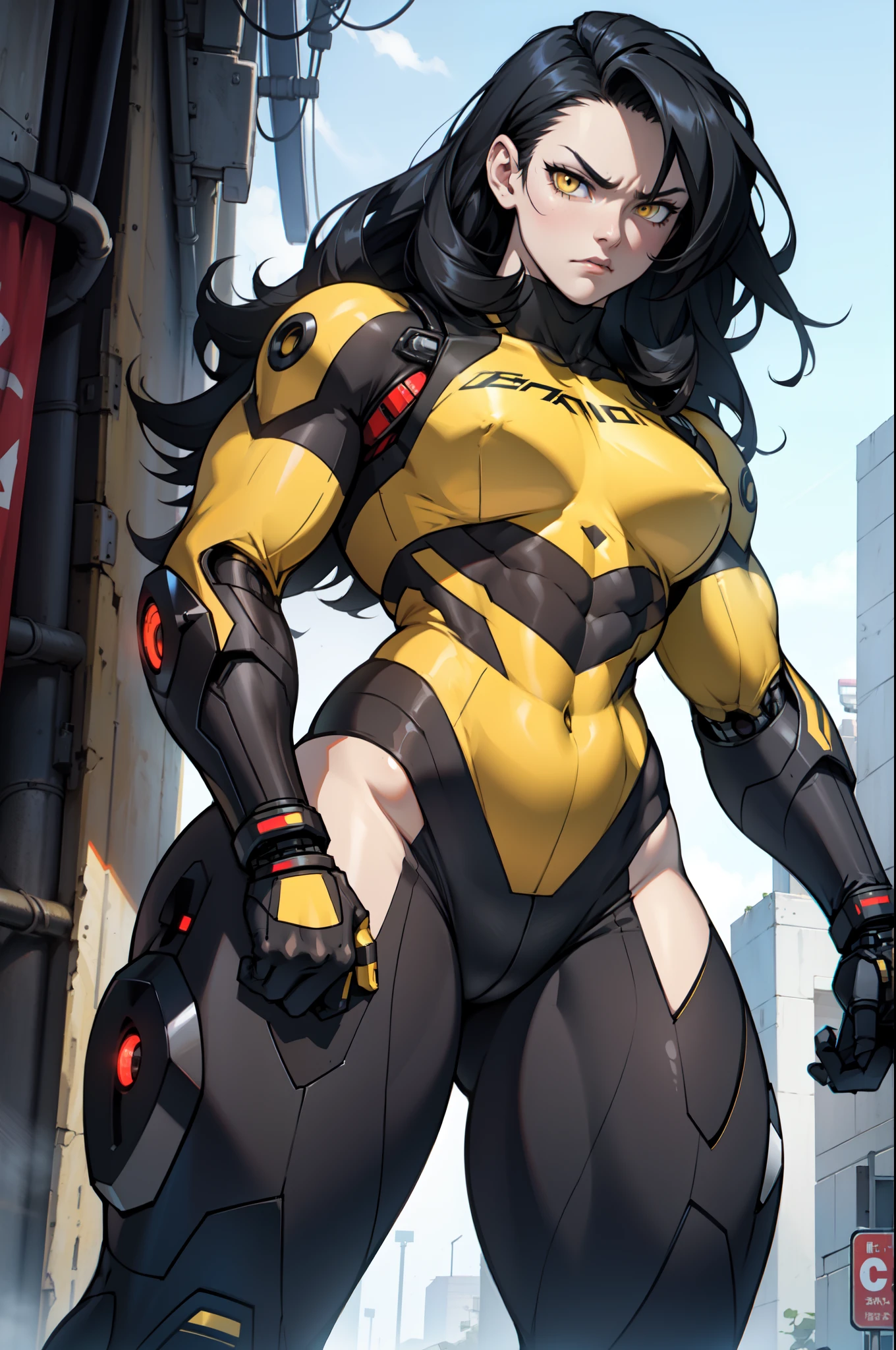 1 girl pale skin black hair yellow eyes long hair angry muscular toned body bodybuilder (cybernetic suit) curvy wide hips thick thighs