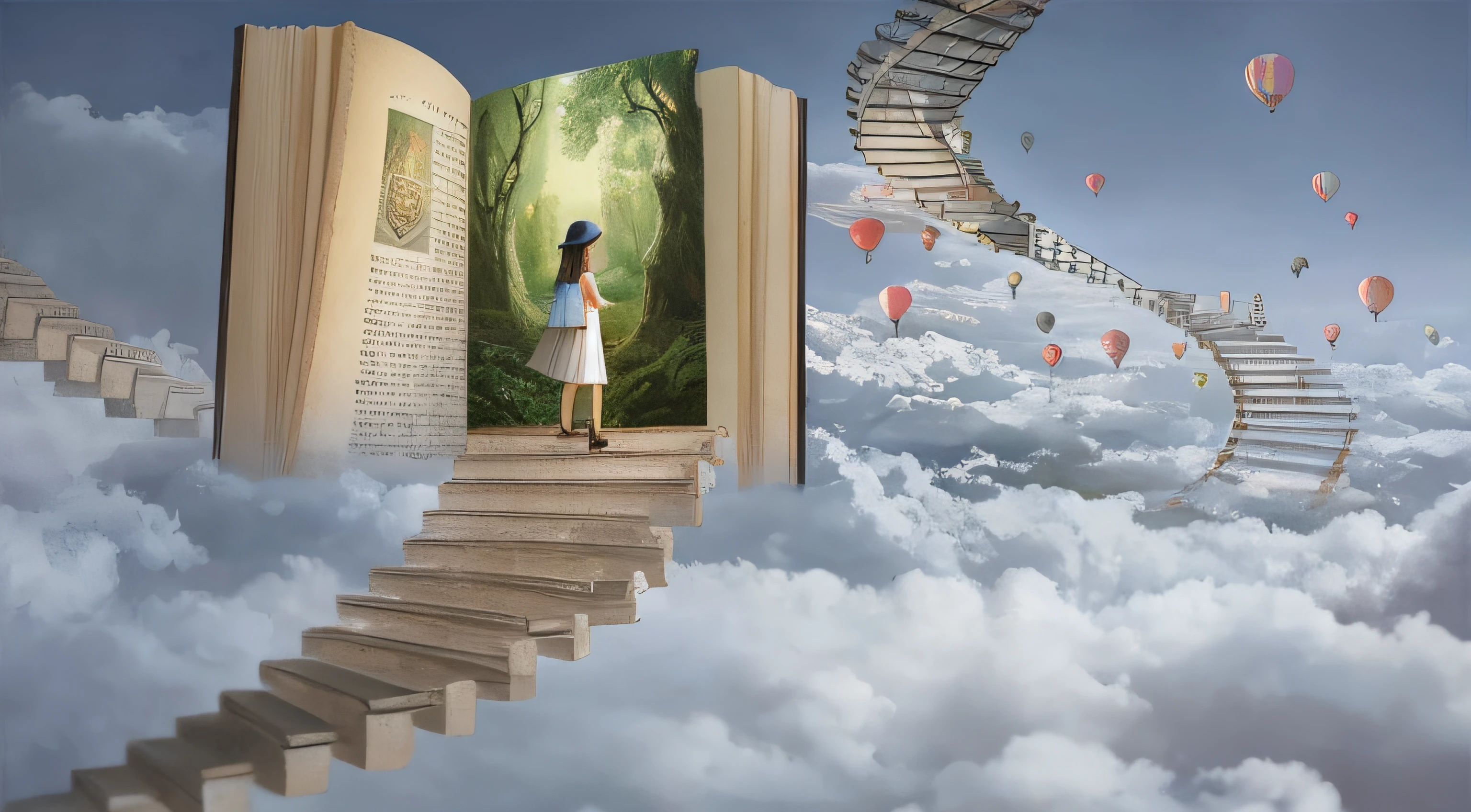 There's a woman standing on a book with stairs going up, Nas nuvens brancas Fairyland, storybook fantasy, dreamlike surrealism, surreal dreamlike poetics, em nuvens brancas fairyland, storybook realism, surrealismo de fantasia, surreal dreamscape, romantic storybook fantasy, livros voadores, Surrealismo caprichoso, storybook art, nuvens da , sonho surreal, fantasy book illustration