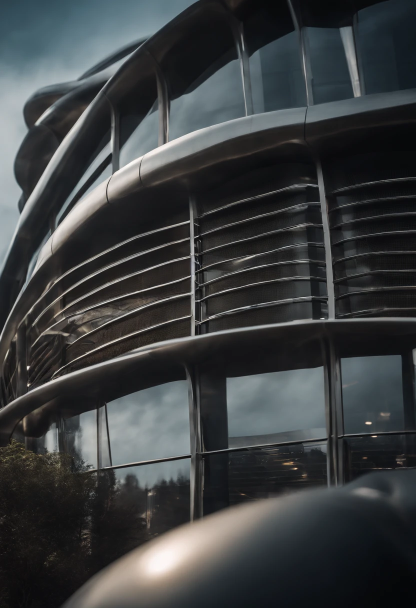 photograph of a futuristic building built with a metal, reticulated structure, Effiel style, in a subbio of other traditional buildings