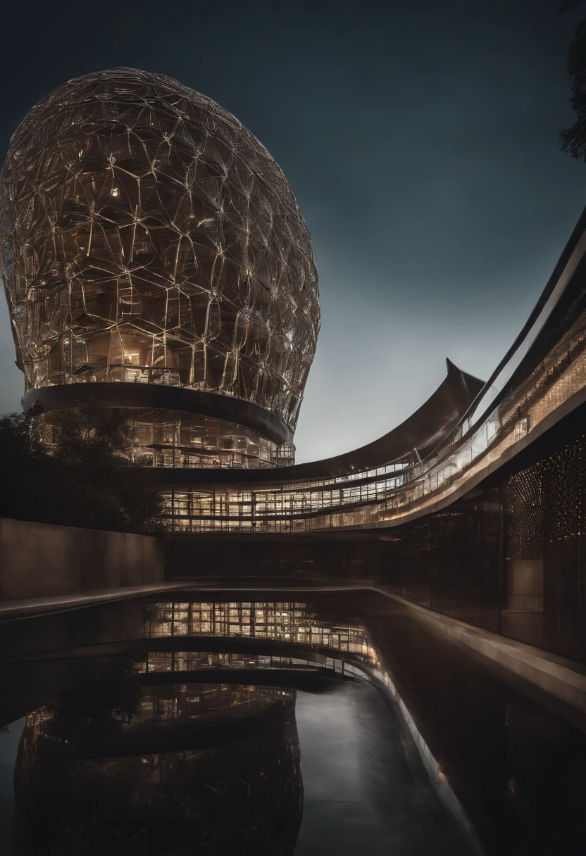 photograph of a futuristic building built with a metal, reticulated structure, Effiel style, in a subbio of other traditional buildings