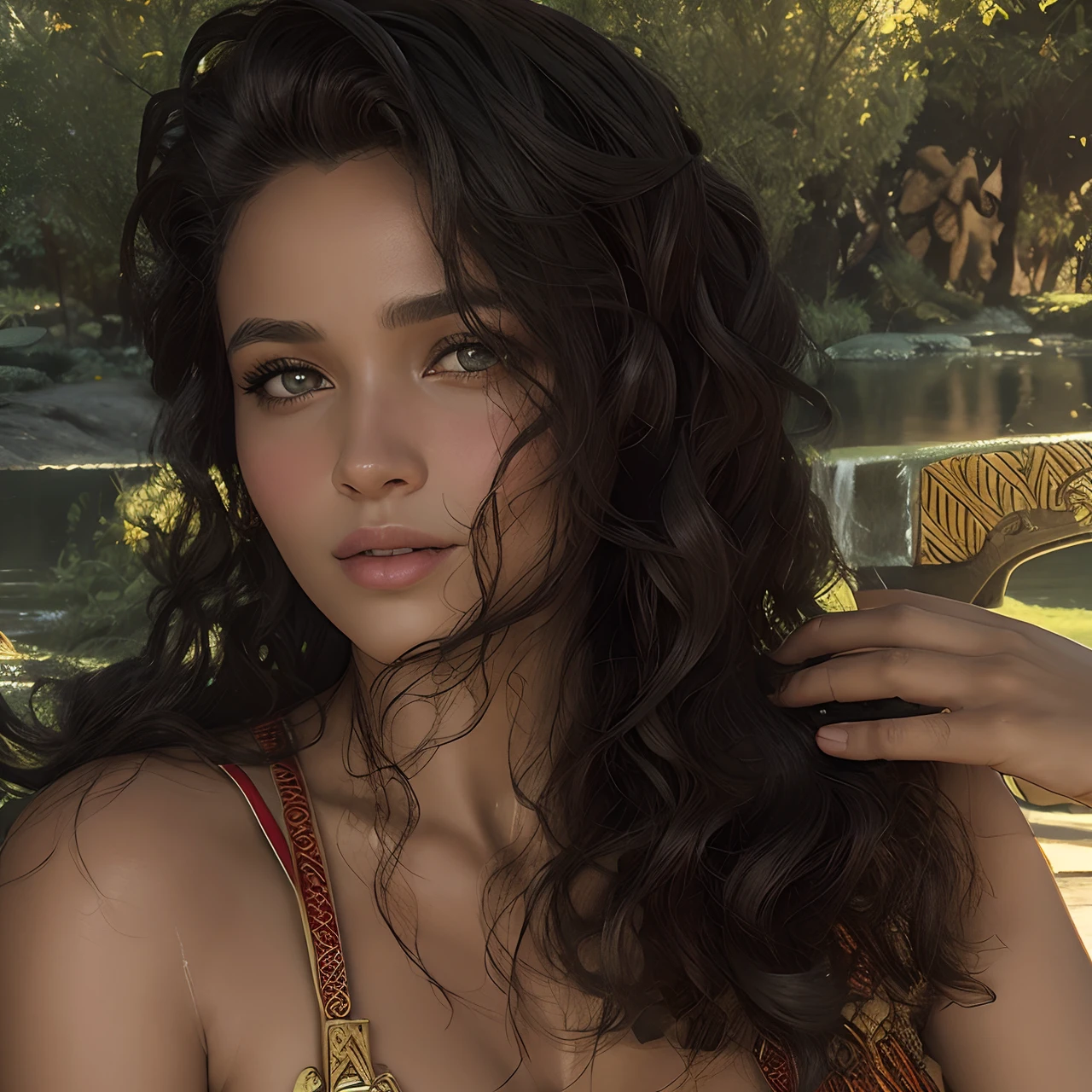 A realistic image of the ethnic model of the most beautiful woman in Africa, fotografia, Estilo Retrato, Inspired by Fashion and Beauty Photographers, primavera: 50 millimeters, Medium plan, natural lightting, 8K分辨率 , (Professional 3D rendering:1.3) de (Realistic:1.3) Foto de arte mais bonito do mundo,oxum, The African Orisha,mulher negra, a mais linda, beleza rara, ,roupas amarelas e douradas,Orixá of the waterfalls,a negra mais linda, Bela , magnifica, rainha do amor,cores amarelas, vestindo um ade detalhado e intrincado, olhar doce, cosmic goddess,impressionismo,Afrofuturista, corpo inteiro 8k unidade render, Cascatas, forest lighting, sombreamento leve, circunstanciado, rosto detalhado, (Vibrando, fotografia realista, Realistic, Dramatic, foco nítido, 8k), (Roupas africanas de tribos :1.4), ((((use tecidos)))), (intrincado:1.4), decadente, (altamente detalhado:1.4), Pintura digital, rendering by octane, art stations, conceito-arte, liso, foco nítido, germe da arte, (Loish:0.23), Wlop Ilya Kuvshinov, e greg rutkowski e alphonse mucha gracias, (global ilumination, studiolight, light volumetric), chuva forte, floating particles, fantasia, Nosso, close-up rosto, ((Fundo escuro floresta e Cascatas:1.3)),CGSesociedade,art stations
