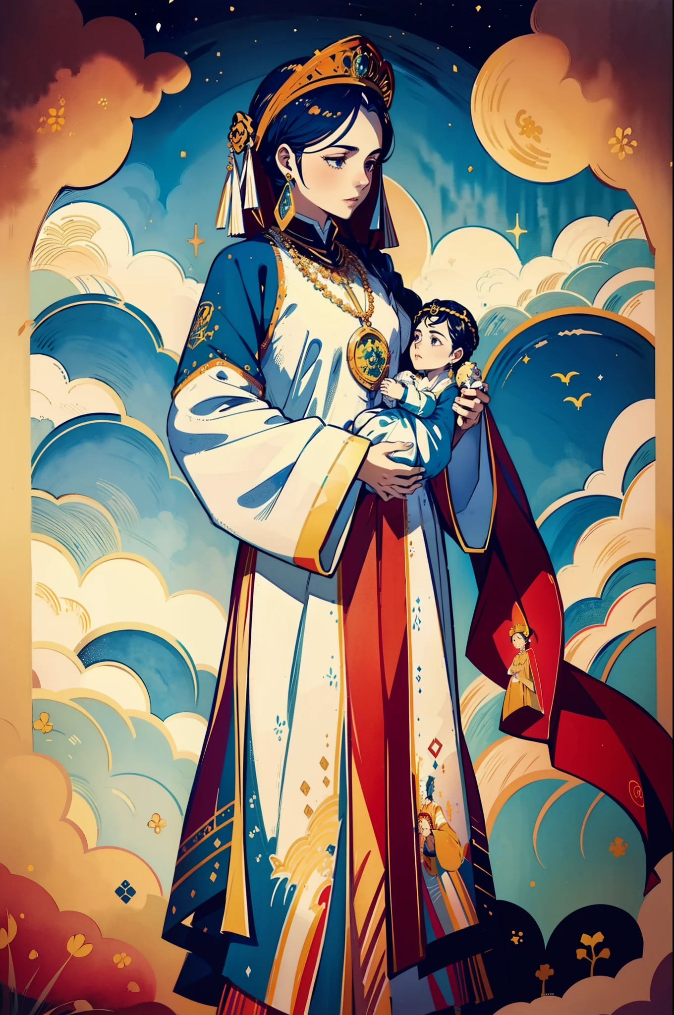 Water colour painting style, The beautiful 16-year-old queen holds a (baby prince:1.5) wearing shavings in her arms, Walking, Straight eyes, radiating a brilliant aura, Rosary handle, Crown Team, (Systemic: 2.0), Stand in the cloud, our lady, (full body: 2.0)