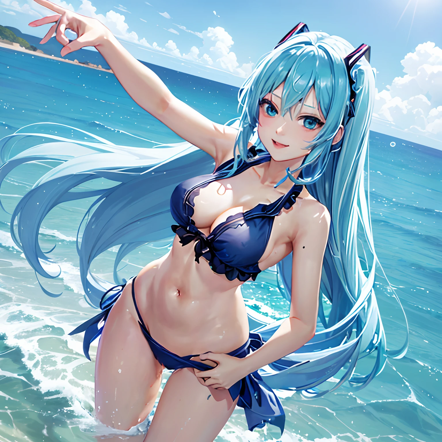1 rapariga、(Solo), anime style, super fine illustrations、beautiful seductive anime girl、Super detailed、Smile、beautiful blueish eyes、Beautiful proportions、HATSUNEMIKU、Slender、gentle expressions、seductive anime girls、Lackluster skin、Transparent sexy bikini swimsuit、Strong sunlight、Seaside,Vest line, , , , sex