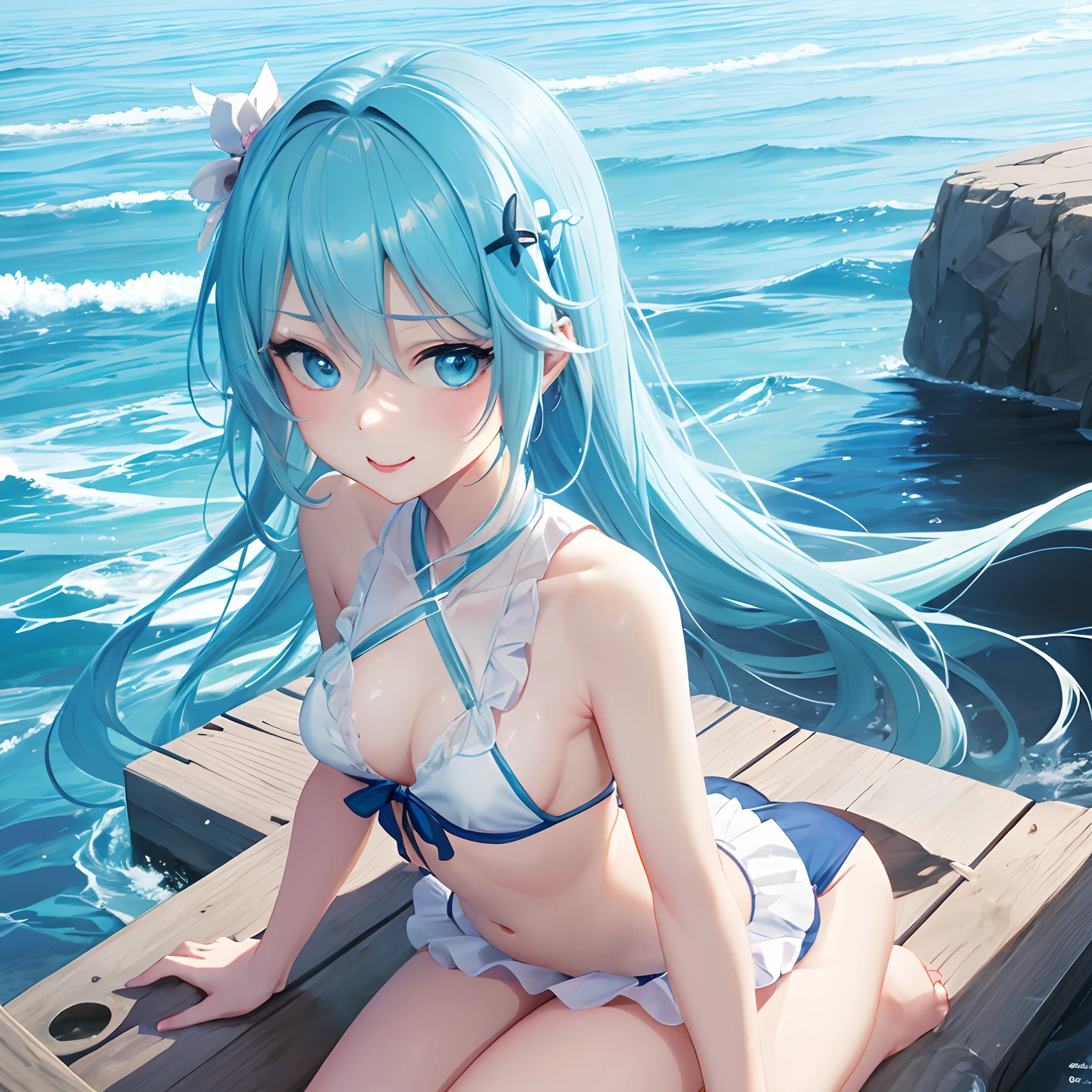 1 rapariga、(Solo), anime style, super fine illustrations、beautiful seductive anime girl、Super detailed、Smile、beautiful blueish eyes、Beautiful proportions、HATSUNEMIKU、Slender、gentle expressions、seductive anime girls、Lackluster skin、Transparent sexy bikini swimsuit、Strong sunlight、Seaside,Vest line, , , , sex