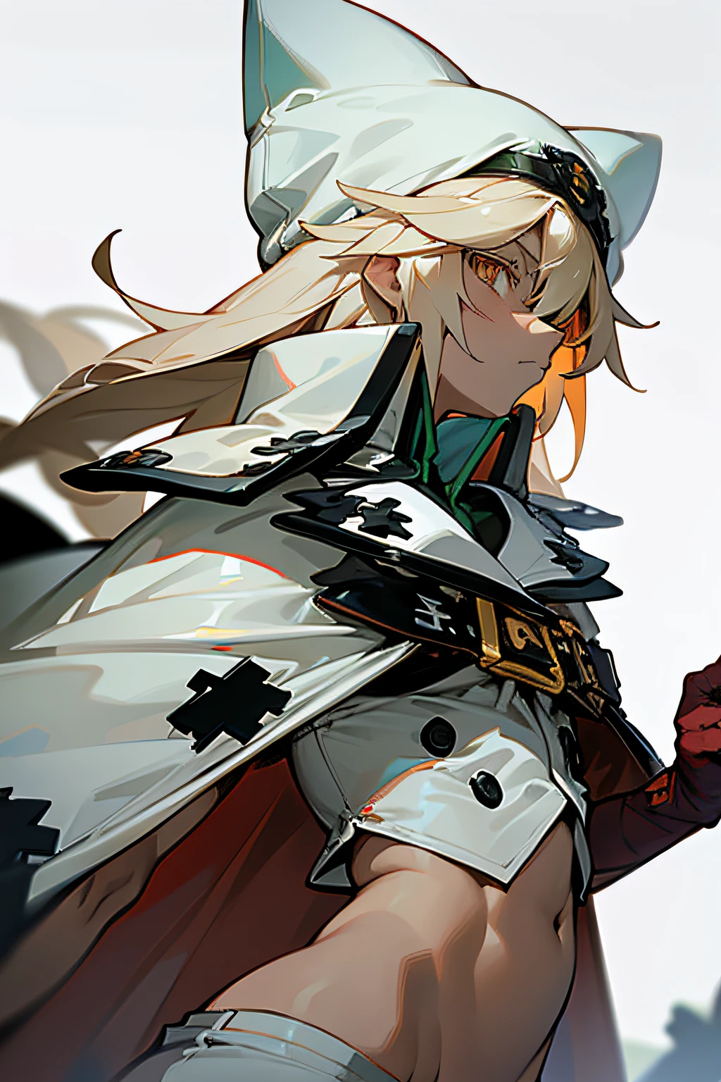 1girl, from side,absurdres, master drawing, masterful drawing, masterful art, masterful use of color, award winning, winning art, award-winning artwork, incredibly absurdres,1 character (ramlethal valentine), guilty gear, guilty gear strive,upper body,Large white cloak,doubled sided fabric,belt clasp,cape focus,cape flapping in the wind,asymmetrical gloves, bandaged arm, amputee stump,bandages, blonde hair, flexible, gloves, long hair, looking at viewer, navel, orange eyes,white gloves, white shorts,white background,nsfw,erect futanari penis,throbbing penis,veiny dick