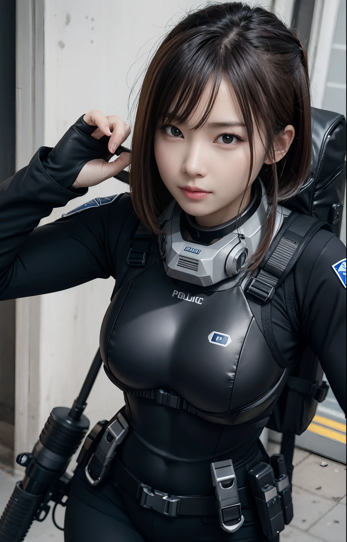 Highest image quality, outstanding details, ultra-high resolution, (realism: 1.4), ((close up:0.75, from front)), Photorealistic, highly condensed 1 lady, full body, aiming with an assault rifle, Combat pose, (Detailed face), looking to the camera, (cloths color black:0.4 white:0.5 other-color:0.1), (wearing rash-guard likes police uniform, gloves,black and gray mecha, wearing futuristic-gasmask, military harness, carrying hich-tech-backpack), background grey, Fingers are occluded