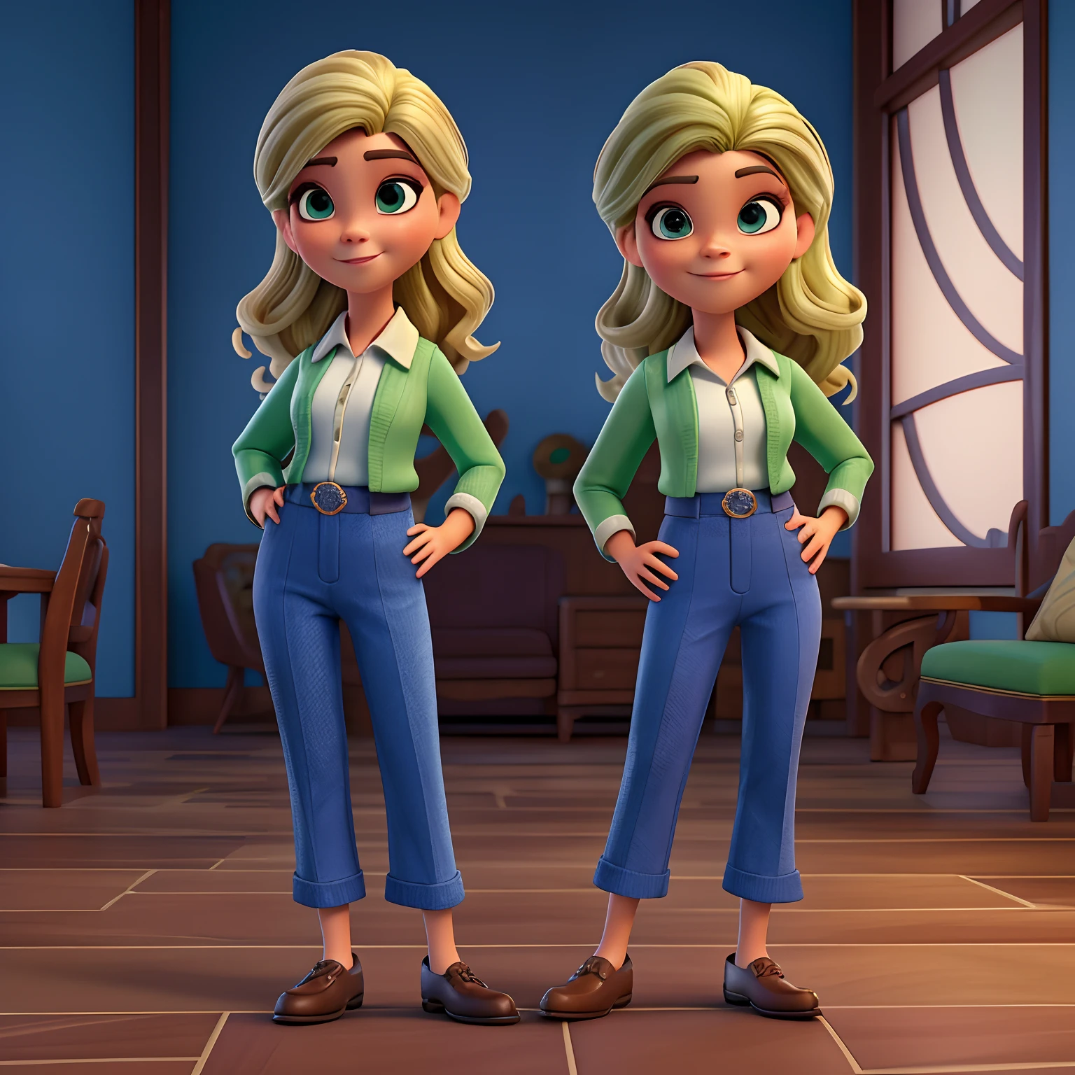 Pixarstyle, garota, cabelos pretos na altura dos ombros, pele branca, olhos verdes, Real Estate Broker, traje formal, detalhes, Tranços finos, HDR, detalhes, Estilo princesa Disney, cabelo preto, roupa azul, rosto bonito,