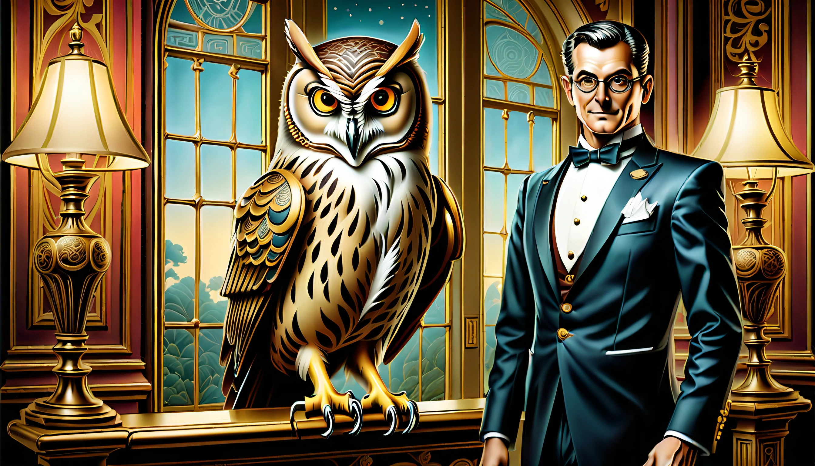 (((gentle butler with owl perched on his shoulder of intricate detail illustration:))), ((night outside the window of strolls down the grand hallway:1.1)), Inside the mansion of a high-ranking aristocrat illustration, In the midst of a lunar eclipse, the soft light from the lamps illuminates his path, peaceful and beautiful moment, warm and inviting atmosphere, (((stunning rich colored oil painting:1.3))), (((ultimate quality:1.3))), (((intricate insane detail:1.3))), (((extremely intricate details:1.3))), high resolution,