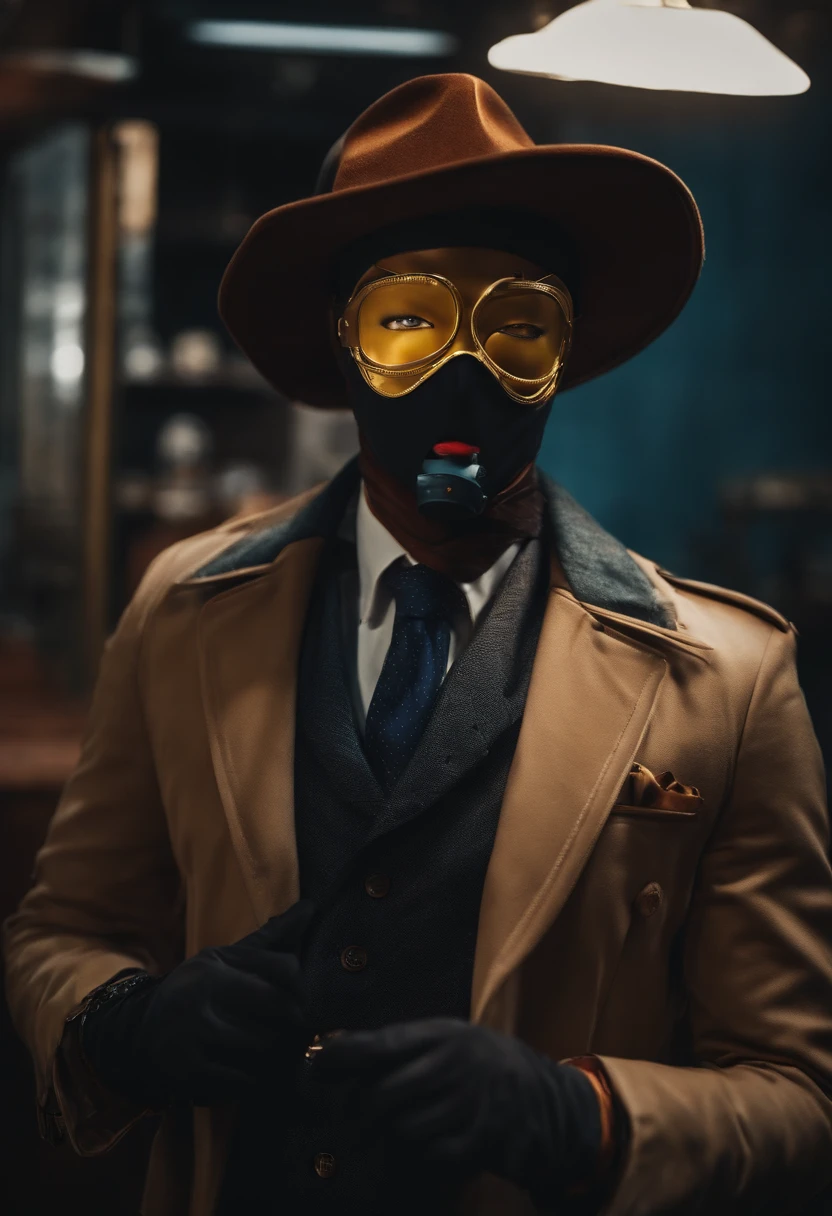 Crie um personagem pra canal de YouTube, of mystery , What appears to be a detective wearing a mask, roupa social