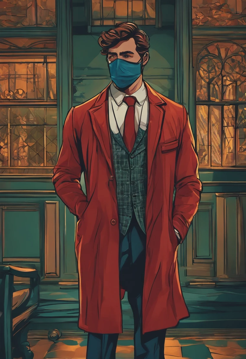 Crie um personagem pra canal de YouTube, of mystery , What appears to be a detective wearing a mask, roupa social