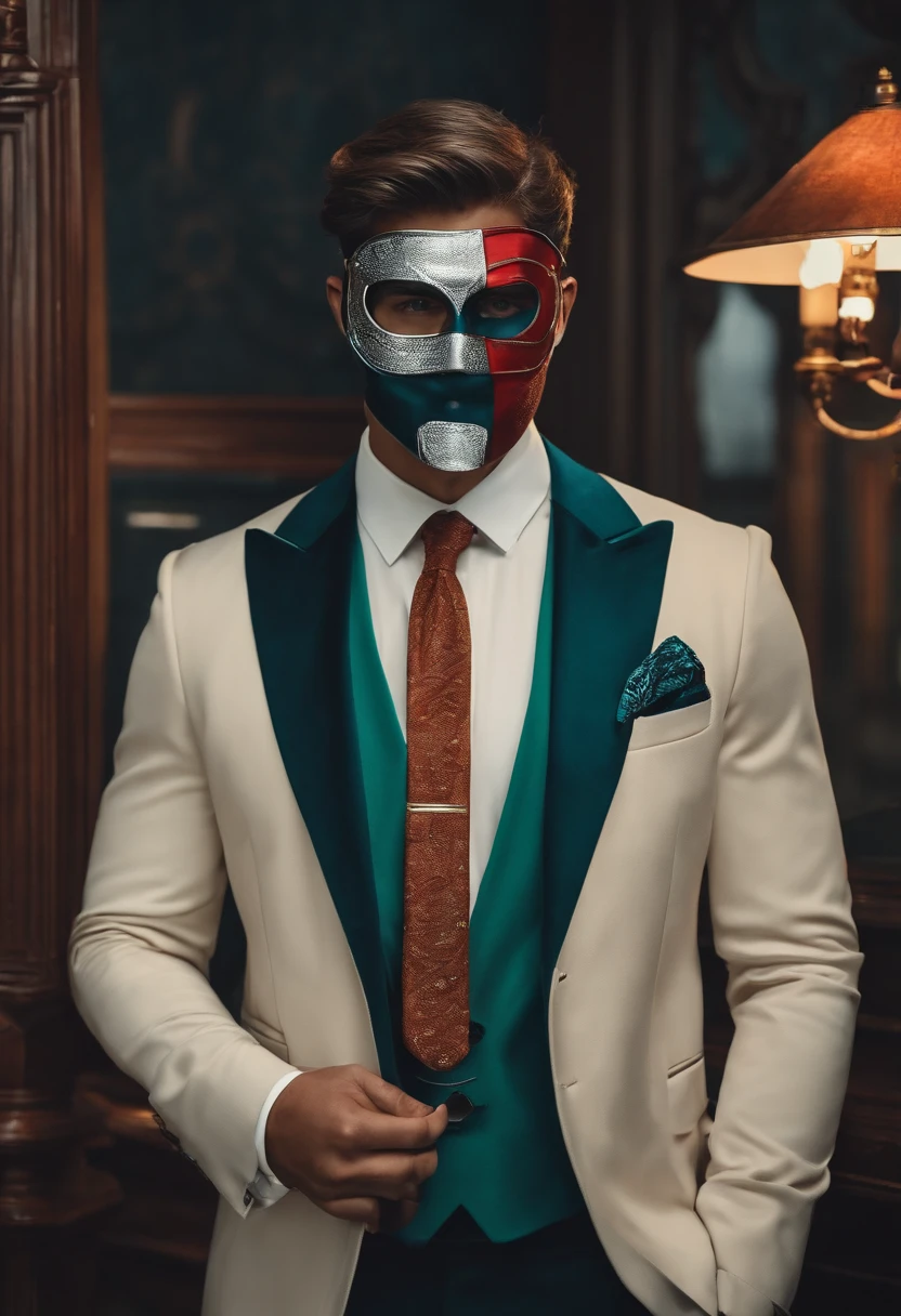 A close up of a man in a suit and tie with a mask on - SeaArt AI