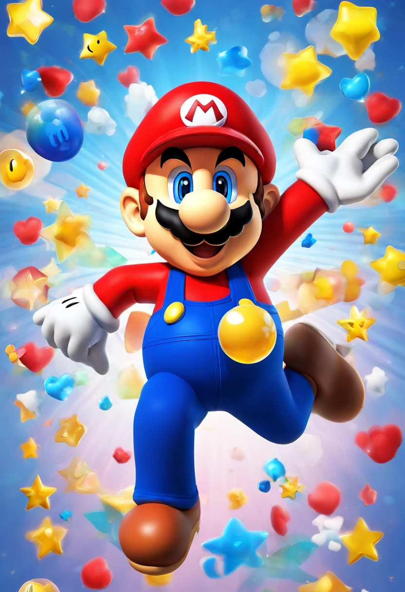 (Mario), design de personagens, Nintendo Super Mario, (olhos azuis, red hat, terno vermelho, blue suspenders, luvas brancas, )super bonito estilo caixa cega, Chibi, corpo inteiro, exaggerated expressions and actions, fundo limpo, Destaques iridescentes brilhantes, studio lighting, Atmospheric Illumination, com textura requintada, High detail, high resolution, c4d, ..3d, Liquidificador, 8k, best quality, Ultra High Definition