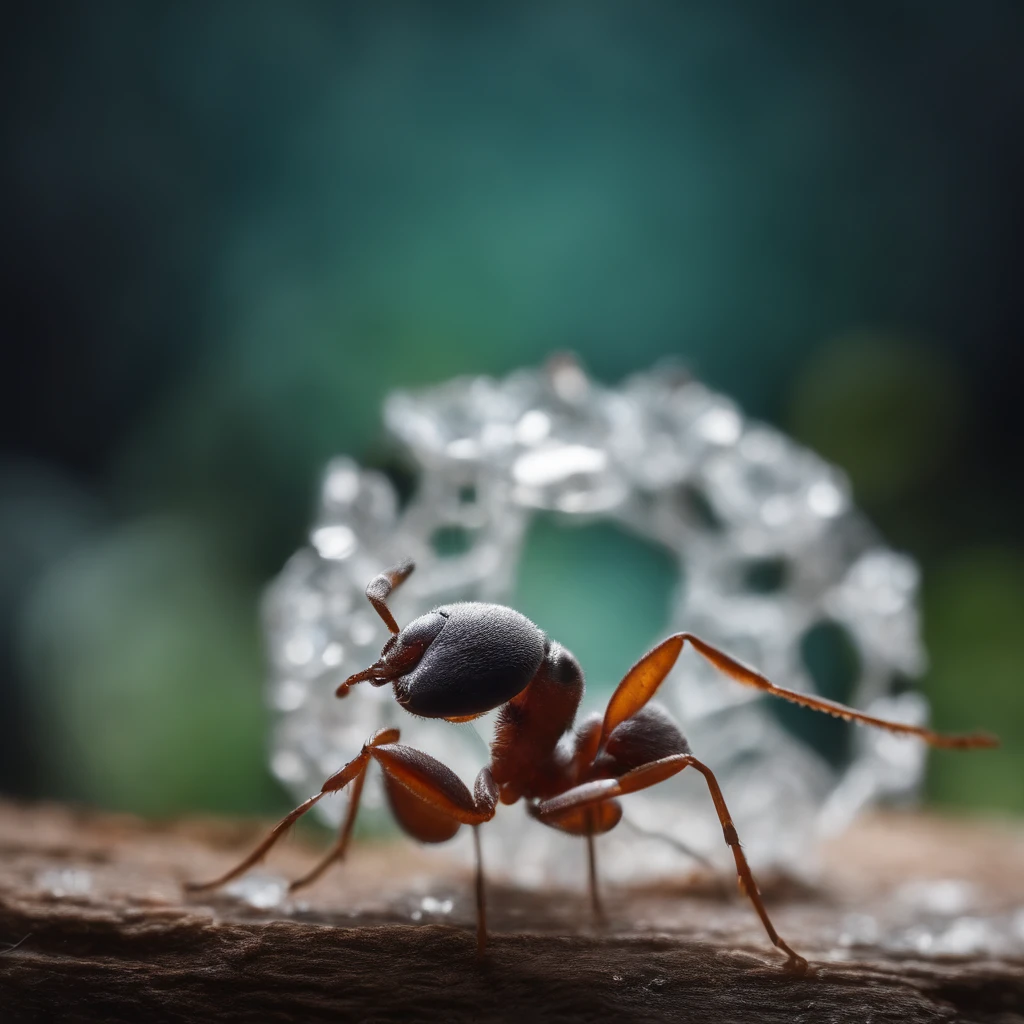 An ant stands on a crystal snowflake that has fallen from the sky