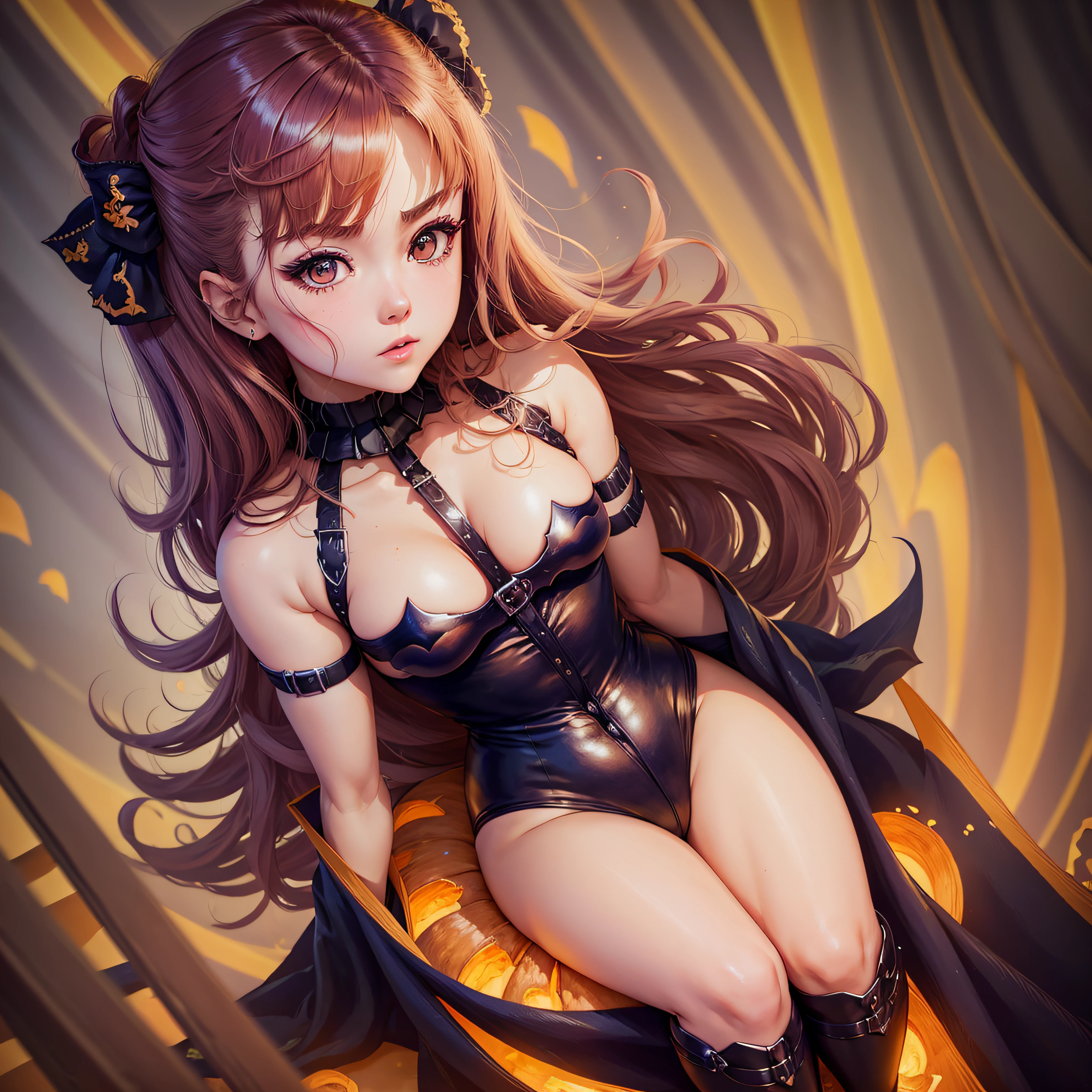 there is a girl sitting on a pile of pumpkins, an anime drawing inspired by rossdraws, tumblr, gothic art, cute, cute, in a halloween style, halloween art style, :: rossdraws, detailed fanart, artgerm and rossdraws, official fanart, cute art style, masterpiece, detailed hand, perfect face, detailed eyes