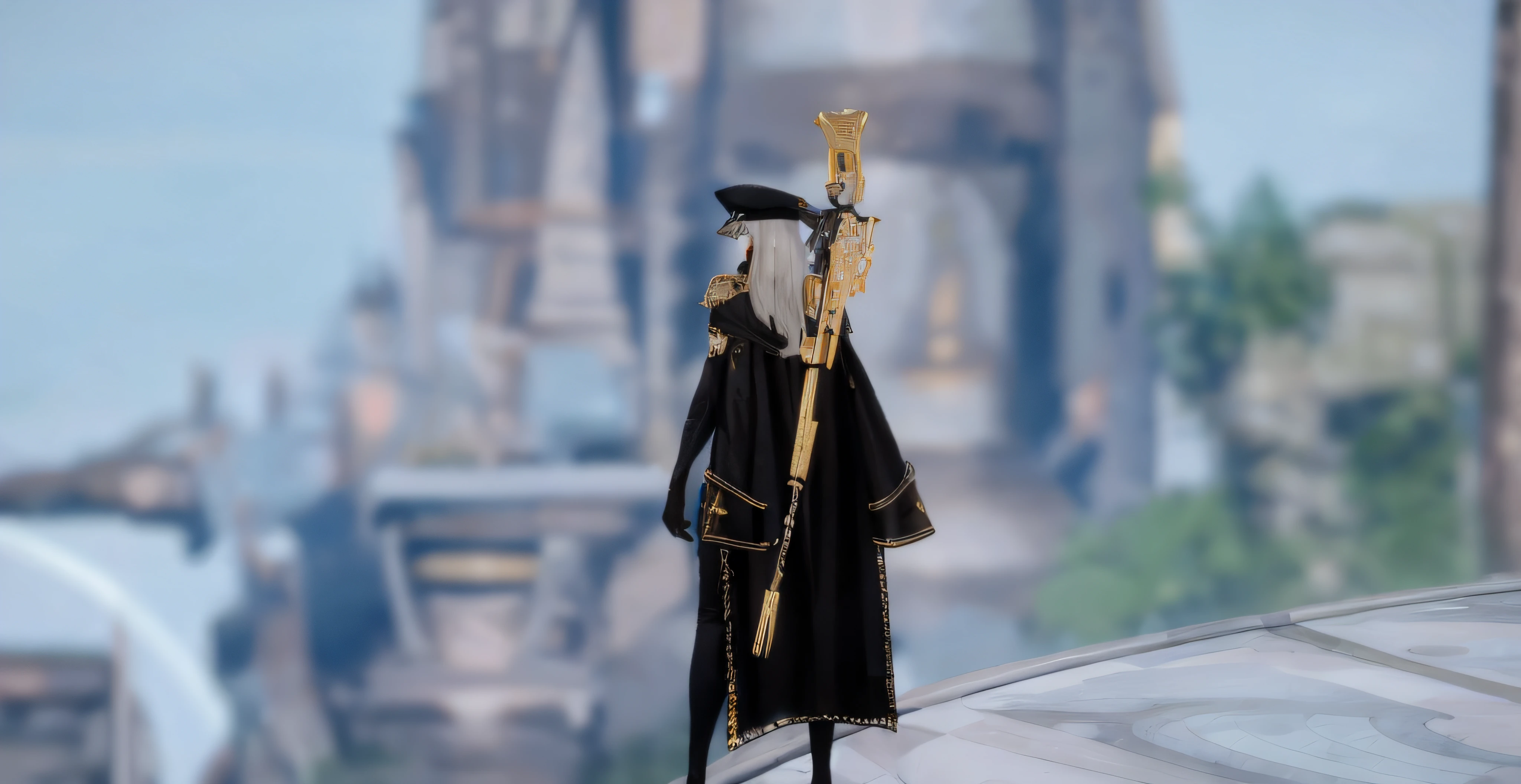 There is a figurine of a gorgeous young woman dressed in a black dress and hat, gilded black uniform, Dressed like a clergyman, Golden and white coat, Clerc, Wearing Imperial Gear, in dark dresses with gold accents, Wearing a coat on a dynamited plain, Ferred - themed dresses and hat, black and golden armor, tenant un sceptre, Robes de mage des nuages, Golden outfit