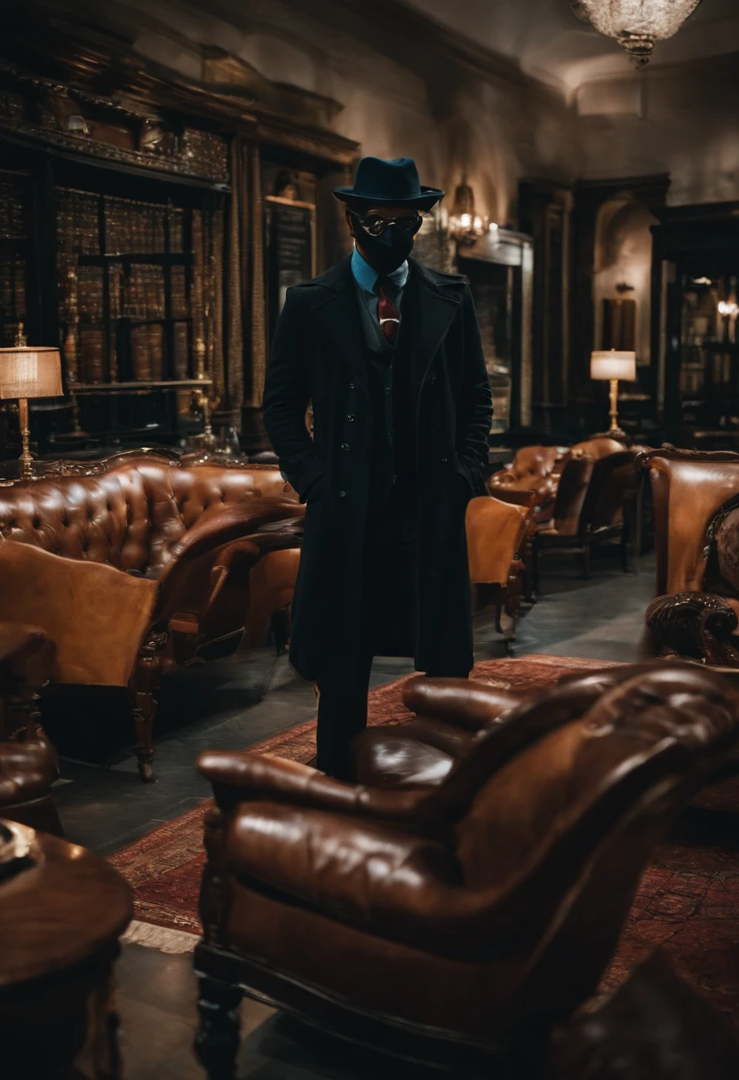 Crie um personagem pra canal de YouTube, of mystery , What appears to be a detective wearing a mask covering his entire face, roupa social preta