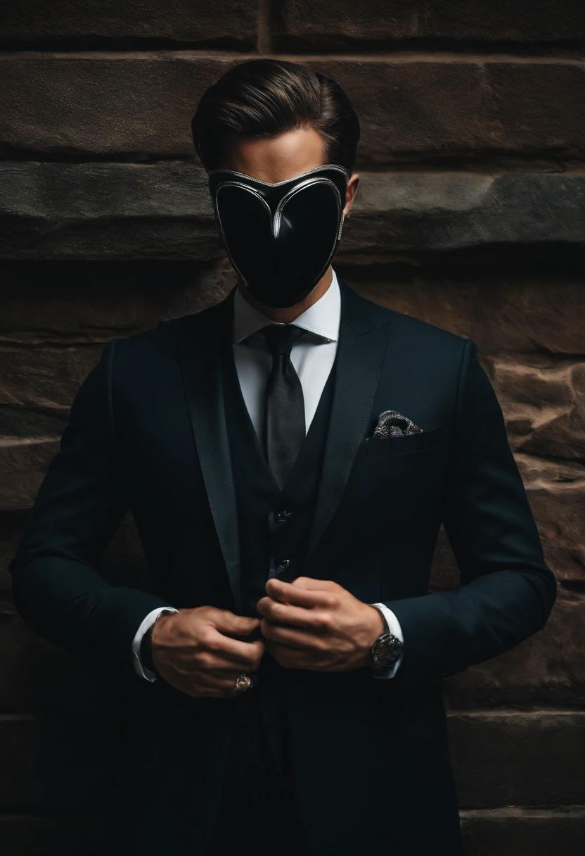 young handsome man with blindfold in a suit, light stubble, face centered in the lens, square jaw 