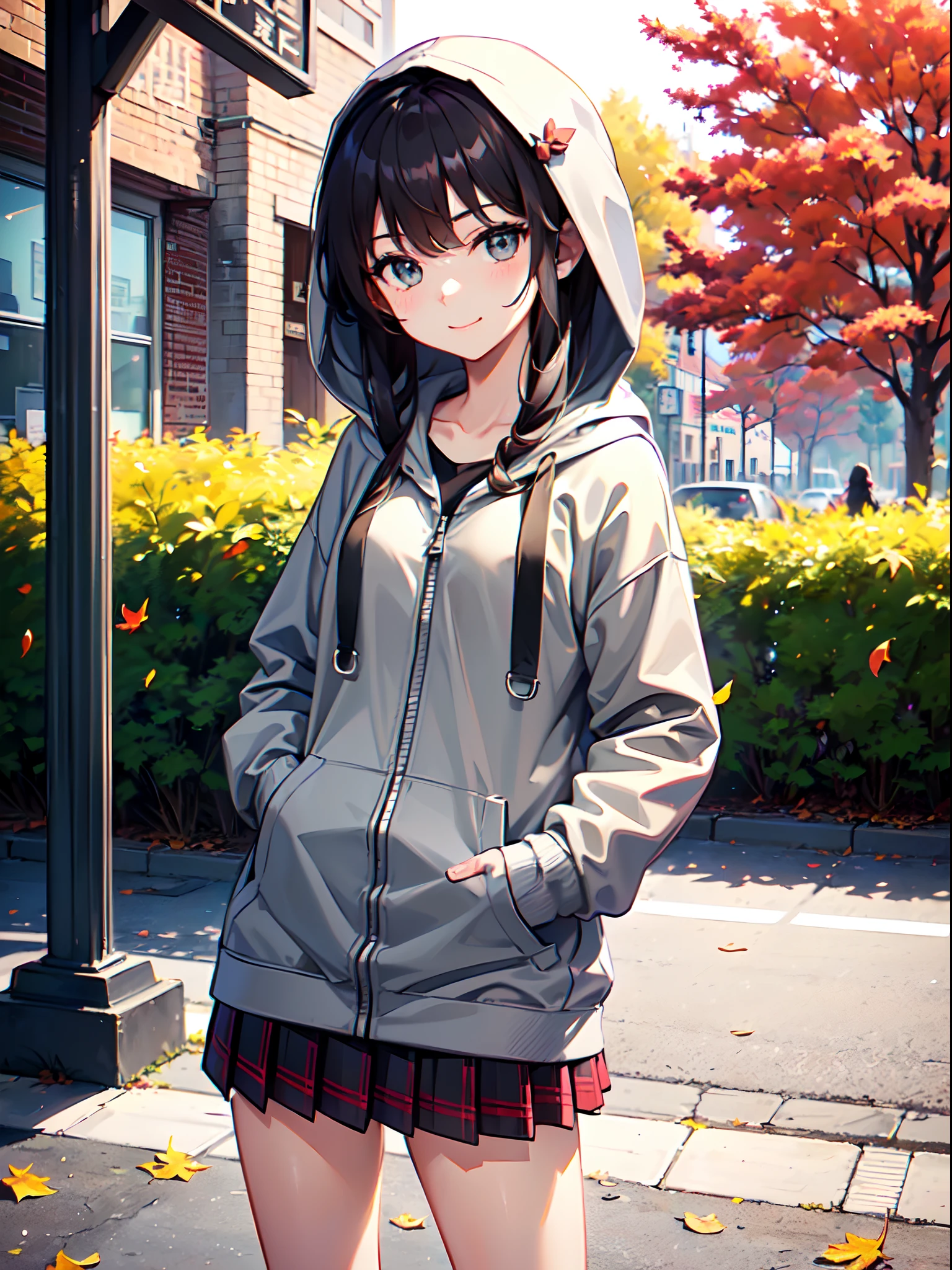 ((1 beautiful young girl)),(Solo、1 persons)、 (( junior high school girl:1.5))、(flat chest)、(Dark-haired girl in grey oversized full-zip hoodie:1.37),(Do not wear hoodie hood:1.37)、Wearing a shirt inside a hoodie、(red plaid pleated skirt), (high socks), (lowfers),(Long straight hair)、Autumn Park、Colored leaves、leaves falling、stroll、A slight smil、(Do not put your hands in your pockets:1.37)
