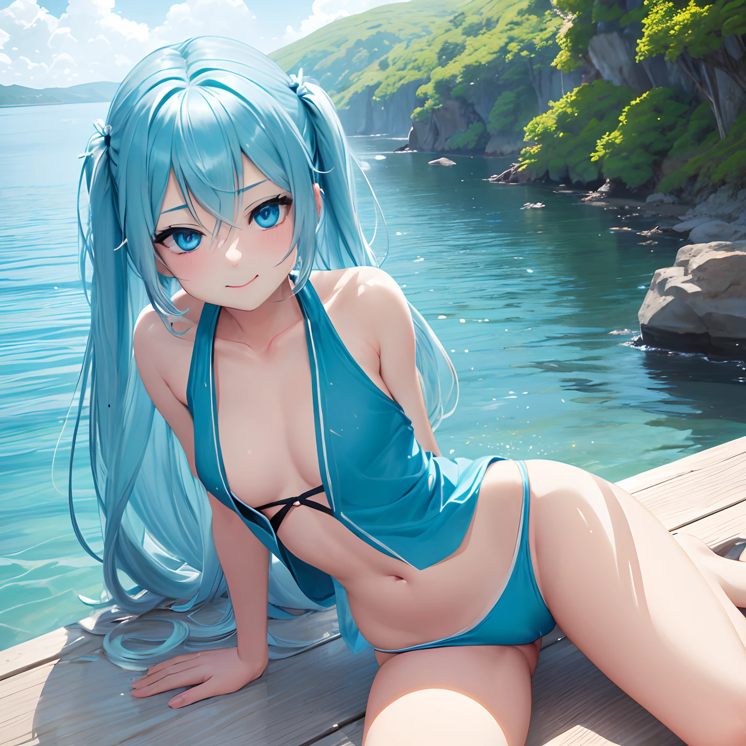 1 rapariga、(Solo), anime style, super fine illustrations、beautiful seductive anime girl、Super detailed、Smile、beautiful blueish eyes、Beautiful proportions、HATSUNEMIKU、Slender、gentle expressions、seductive anime girls、Lackluster skin、Transparent sexy bikini swimsuit、Strong sunlight、Seaside,Vest line, , , , sex