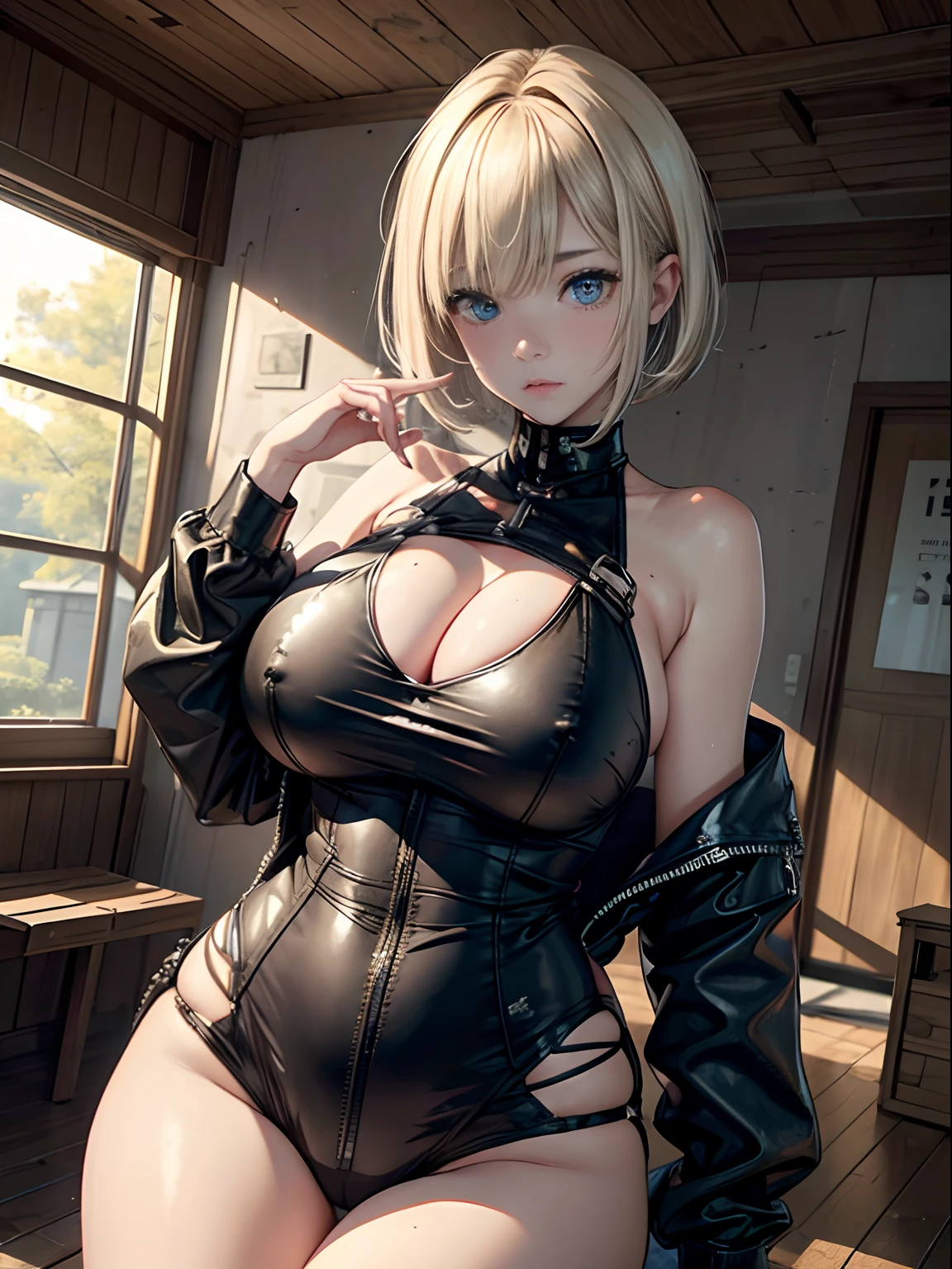 Teen Girls(masterpiece:1.4)、(in 8K、realisitic、Raw photo、top-quality:1.4)、(Real Face:1.4)、(real looking skin:1.3)、超A high resolution、A hyper-realistic、Eyes in Beautiful Details、Black Blonde Bob Cut、leather jackets、high detailing、(huge-breasted:1.5)、Blushing、Embarrassed look、gargantilha、natta、ruins、empty bottle
