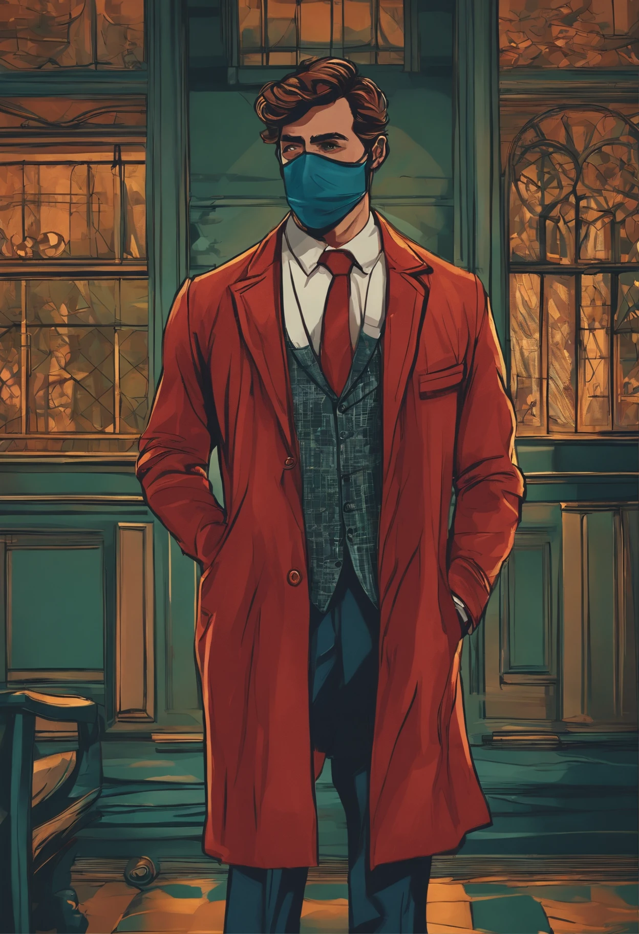 Crie um personagem pra canal de YouTube, of mystery , What appears to be a detective wearing a mask, roupa social