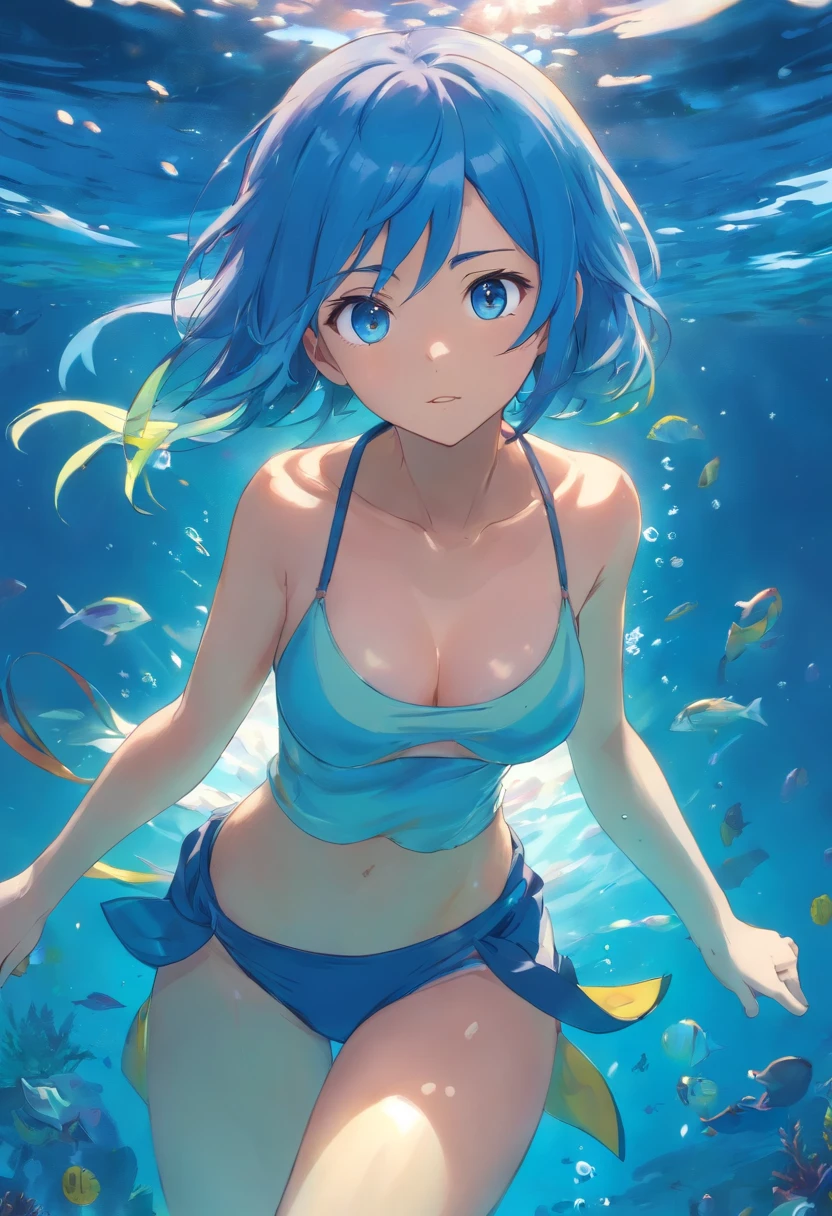 Anime girl with blue hair and blue eyes underwater, bolha de ar, sozinho, Olhando para o Viewer, swimming, luz solar fraca, bare breasts, (: 1.5), menina bonito, Standing, cara bonito, sexy, Comprimento total, magic fire, sbikini, Embarrassment, menina magra, boa anatomia, arte de anime, menina adulta, without a bra, BESTR Lighting, seios pequenos nus