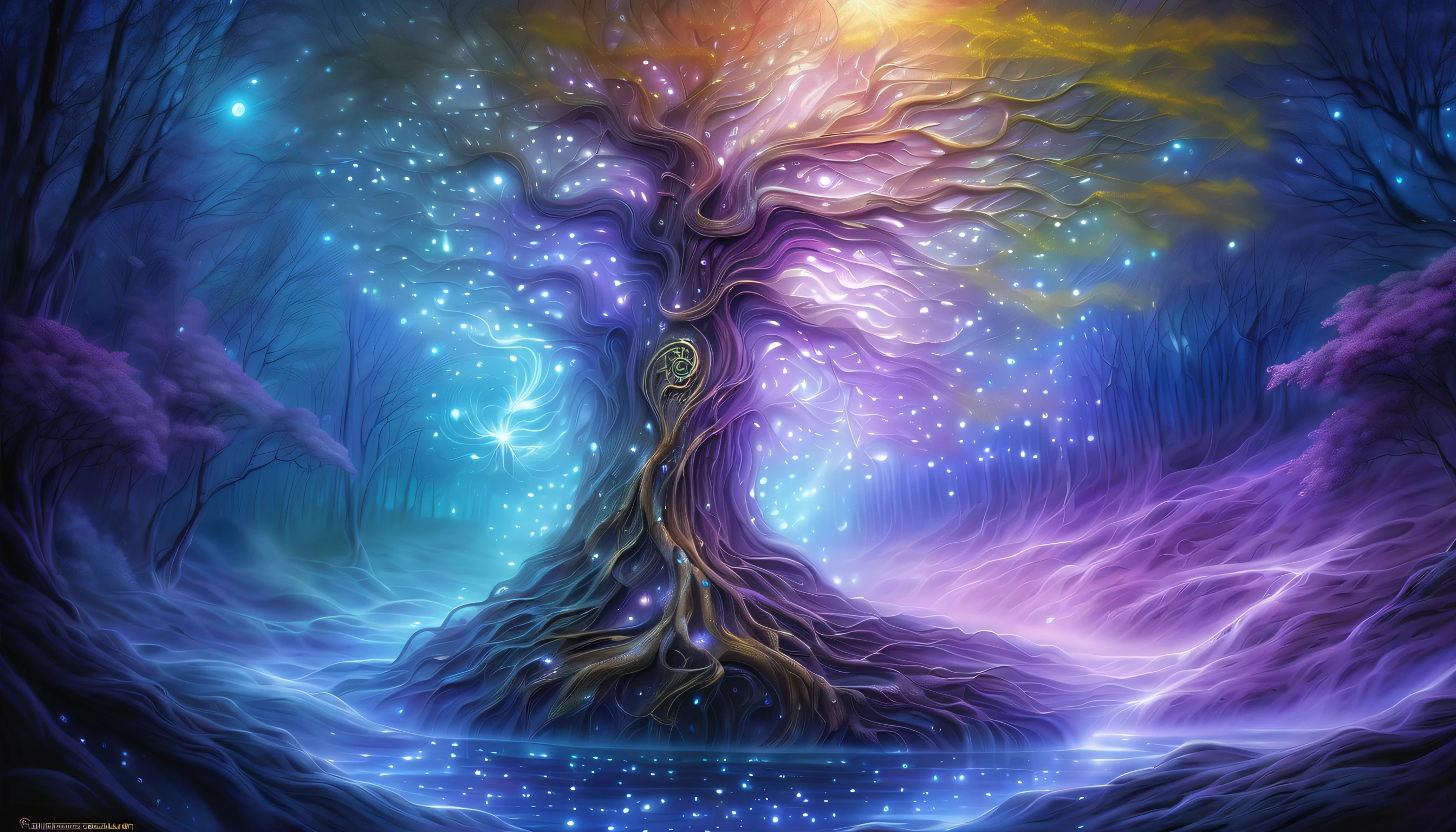 fusion of fantasy tree with goddess atmosphere wind fairy and ethereal fantasy mist with artistic mist, (fused futuristic dark fantasy fog and beautiful-mist-art), breathtaking extremely detail water colors on palette knife drawing add fiber optic light painting, matte painting, (((radiosity rendered in stunning 32k resolution, :1.3))), full body shot, sit on a stump, (((intricate insane details:1.3))), rich colored, high resolution, myth punk coffin-wood, master piece, earthy skin tones and highlights, image emanates a sense of awe and wonder, dark fantasy with vibrant glass coating, shadow mist wish, (((crisp clarity that is unmatched:1.3))), enchanting quality, (((highest quality:1.3))), (((highly quality:1.3))), (((extremely exquisite detail:1.3))), (((divine possession drawing:1.3))), (double structure picture:1.1), beautiful detailed glow, skin glows with a celestial radiance, stunning make up snow flower, stunning and surreal piece of forest art background, sun-lighting,