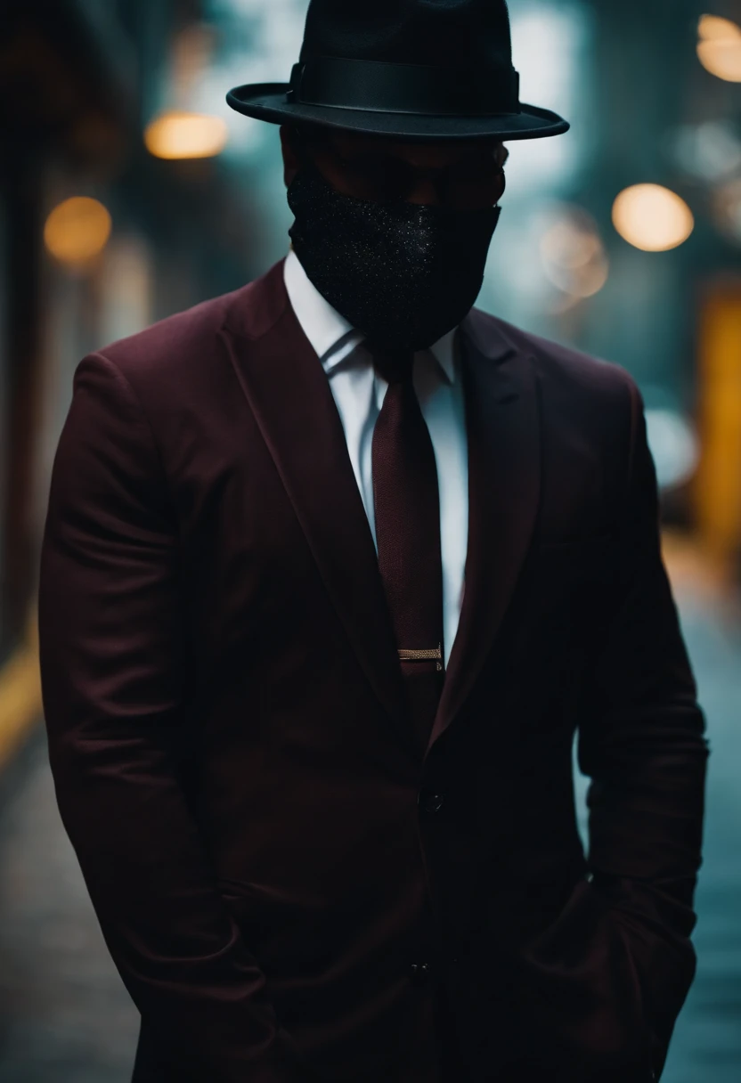 Crie um personagem pra canal de YouTube, of mystery , What appears to be a detective wearing a mask covering his entire face, roupa social preta. Estilo desenho