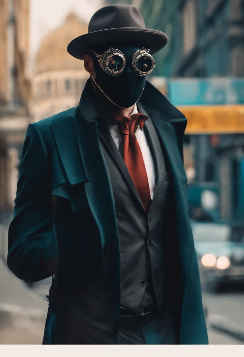 Crie um personagem pra canal de YouTube, of mystery , What appears to be a detective wearing a mask covering his entire face, roupa social preta. Estilo desenho