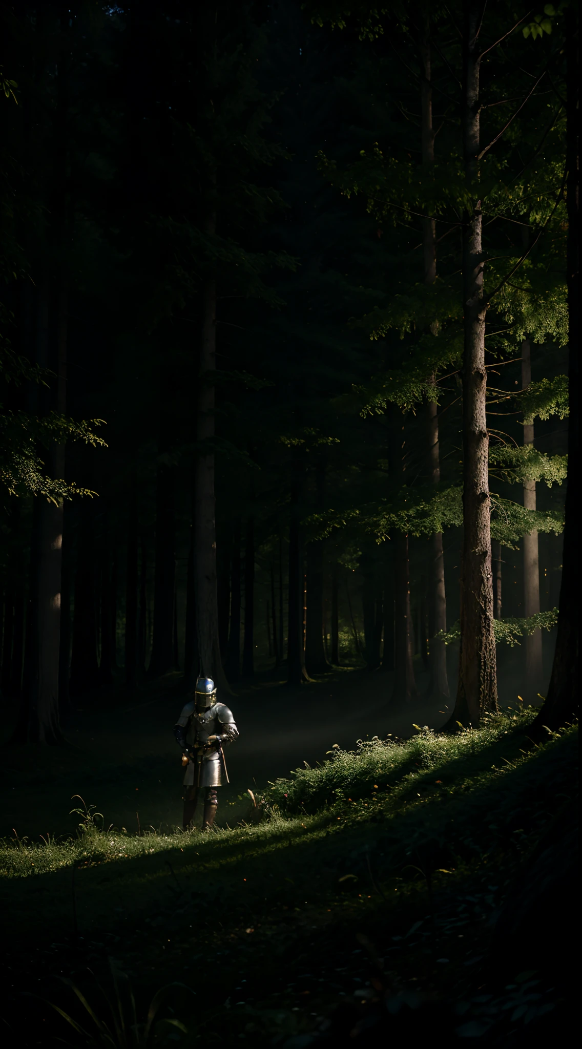 a young knight in mysterious forest with fog in night