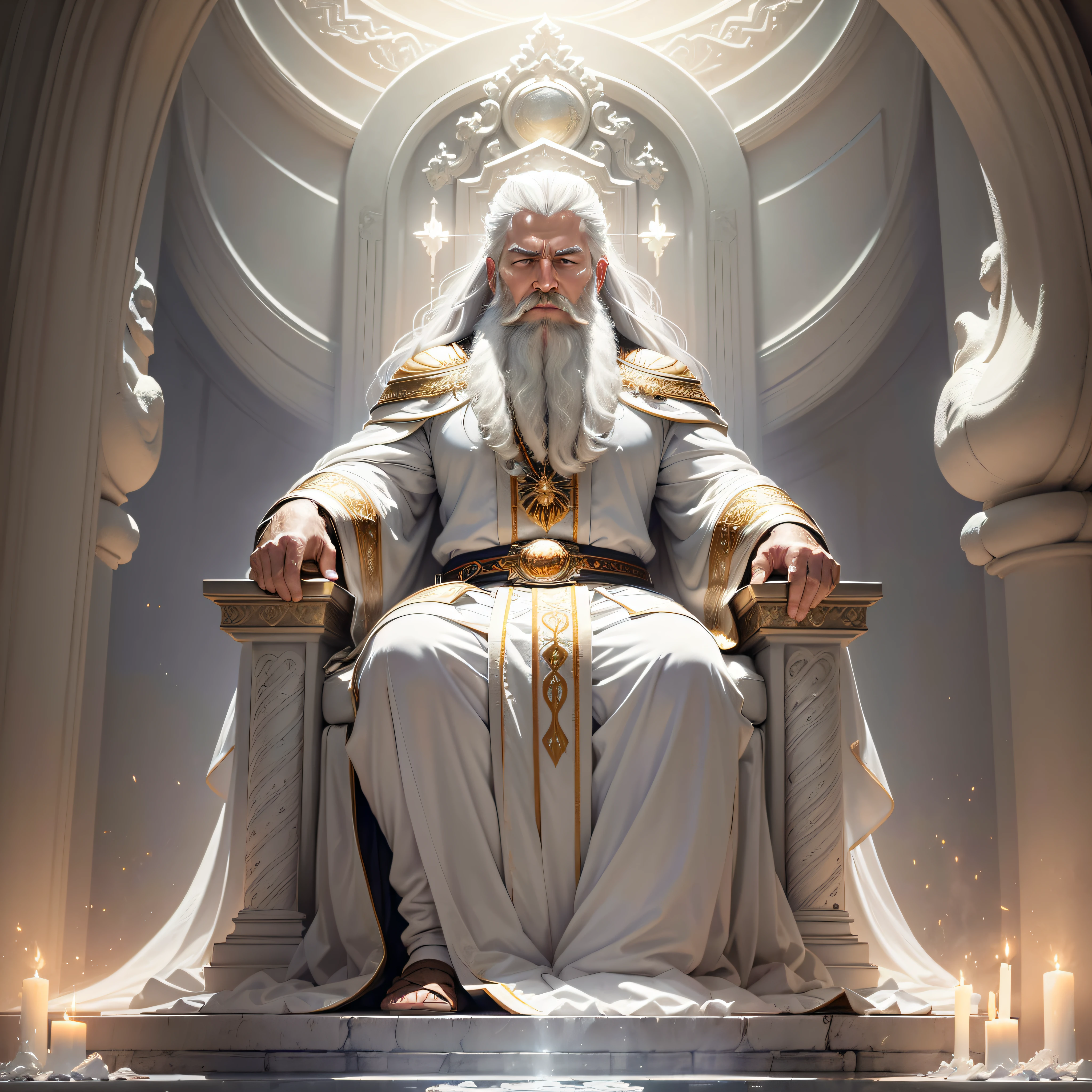 (masterpiece, best quality, ultra-realistic), God's throne room, high resolution, divine man, majestic, strong, imposing, white hair and beard, white clothes warmth, dazzling light, serene aura, magnificent aura, god (embodiment of power:1.2), glorious, surreal, powerful, (emitting light:1.3), (gleaming:1.2)