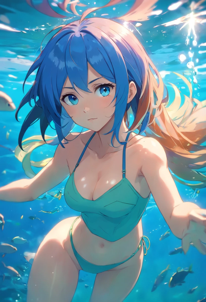 Anime girl with blue hair and blue eyes underwater, bolha de ar, sozinho, Olhando para o Viewer, swimming, luz solar fraca, bare breasts, (: 1.5), bonito, Standing, cara bonito, sexy, Comprimento total, magic fire, sbikini, Embarrassment, menina, boa anatomia, arte de anime, menina adulthout a bra, BESTR Lighting, seios pequenos nus