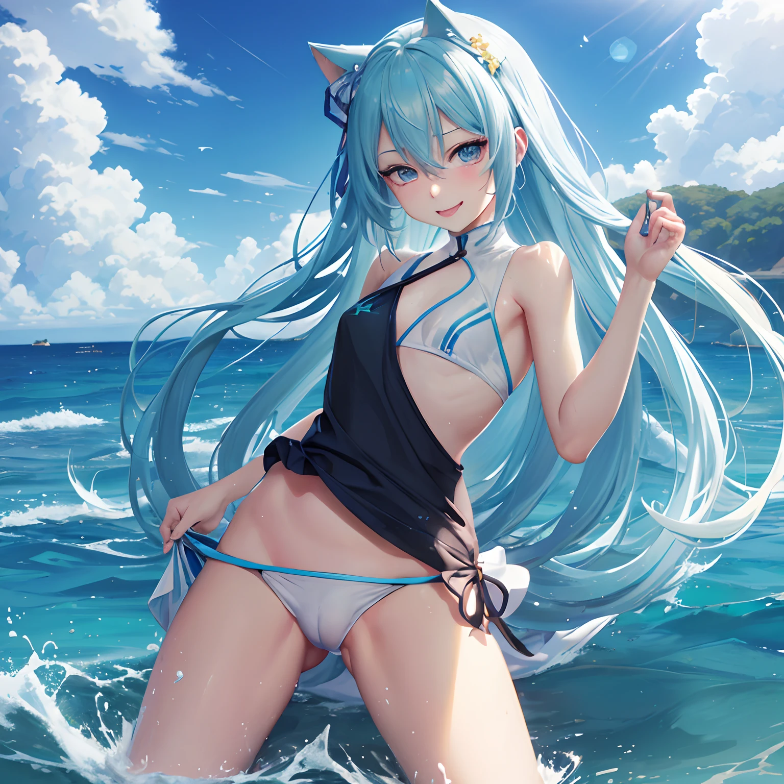 1 rapariga、(Solo), anime style, super fine illustrations、beautiful seductive anime girl、Super detailed、Smile、beautiful blueish eyes、Beautiful proportions、HATSUNEMIKU、Slender、gentle expressions、seductive anime girls、Lackluster skin、Transparent sexy bikini swimsuit、Strong sunlight、Seaside,Vest line, , , , sex