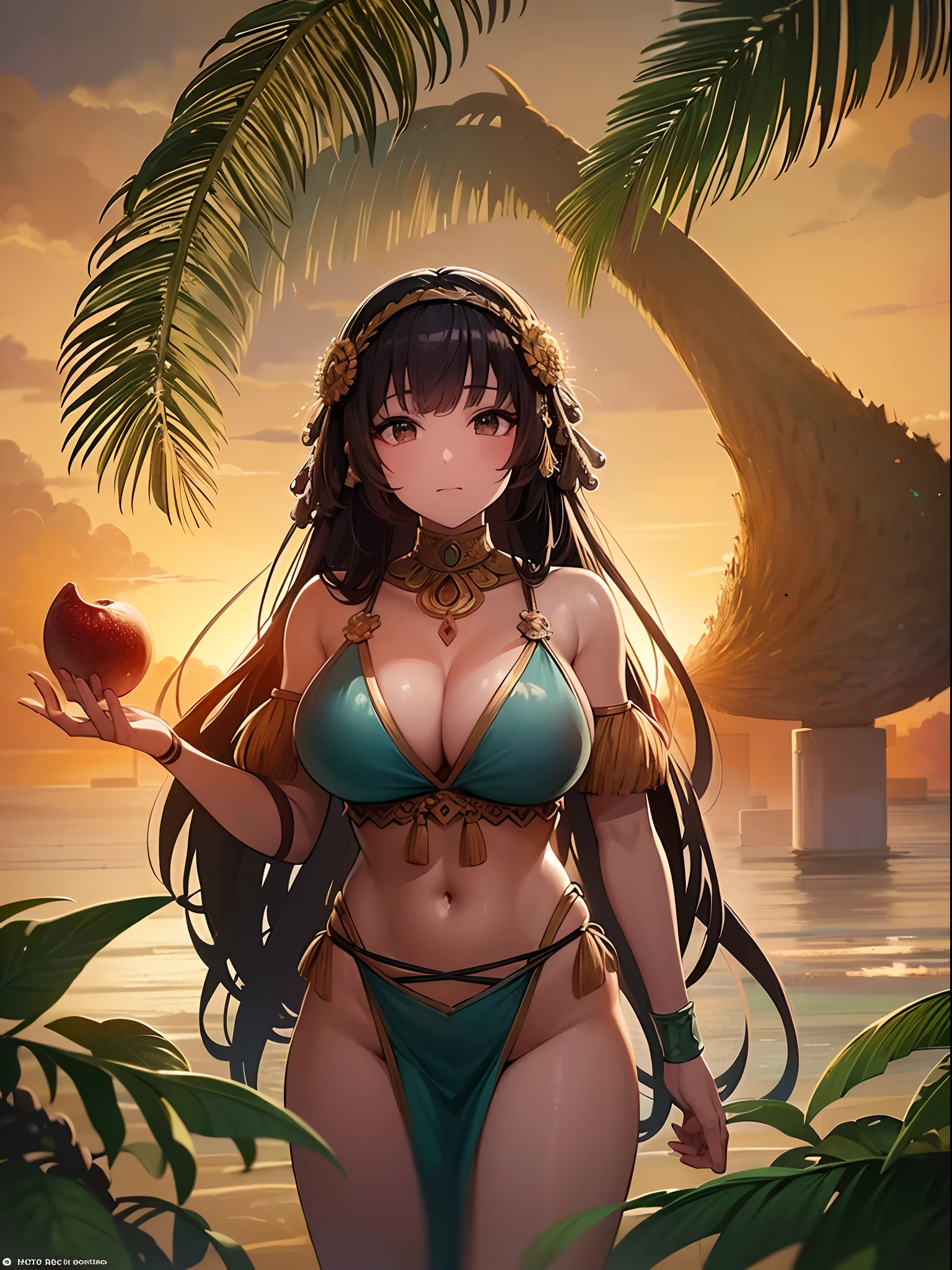 {{{best quality}}}, {{ultra-detailed}}, {illustration},{{{masterpiece}}}, 　Beautiful adult woman of Polynesian dancer、Attach a giant fruit to the upper body、Tropical island background、Anime Illustration、Full-color digital art、