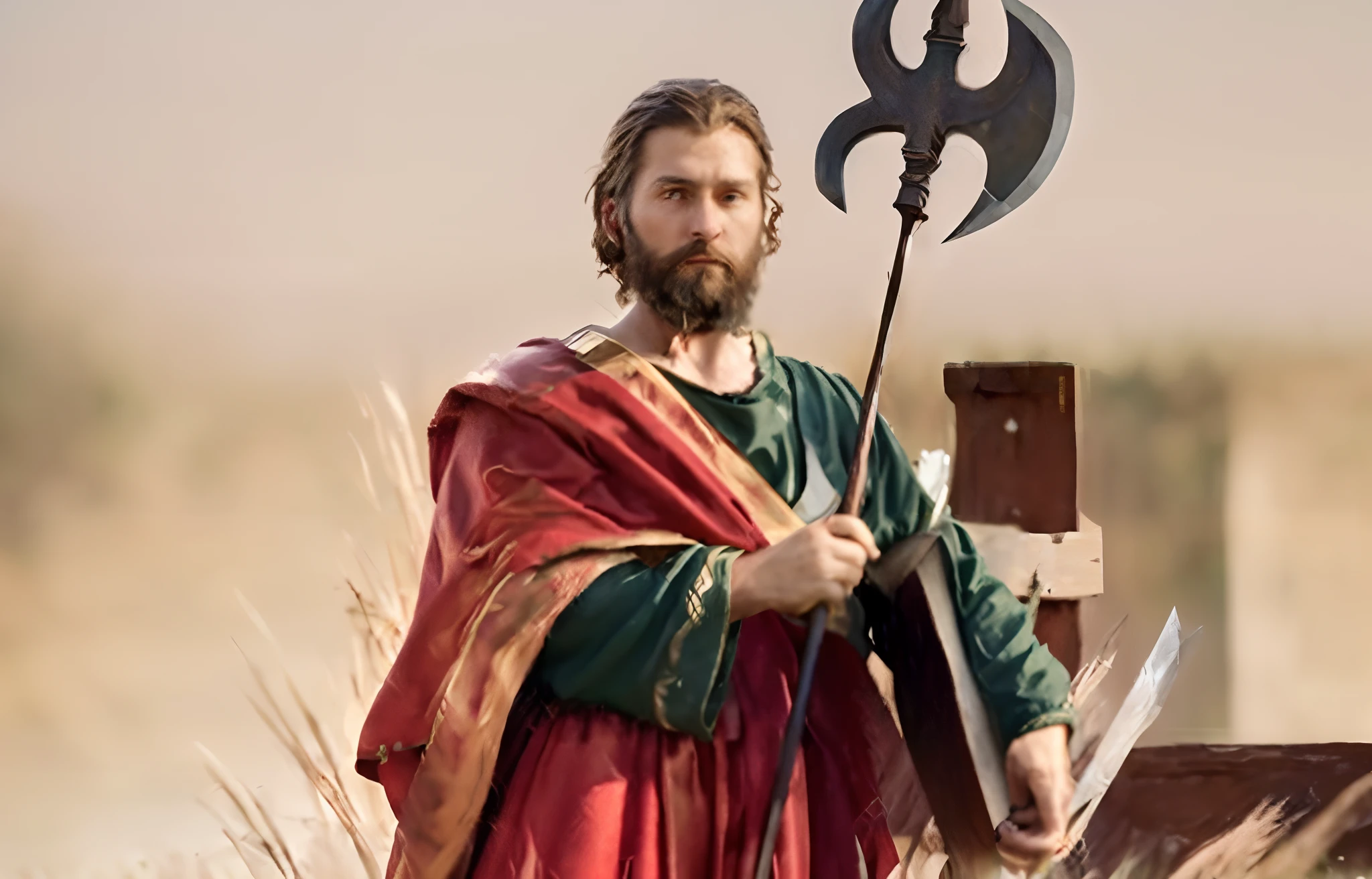 "Recreate the detailed and realistic image of Saint Jude Thaddeus with fair skin, brown hair and beard, wearing a green tunic with golden accents, draped in a red cloak resting on one shoulder. Standing front-facing, wielding a spear with an axe in one hand and a Bible in the other. In a green field with a vast horizon in the background."