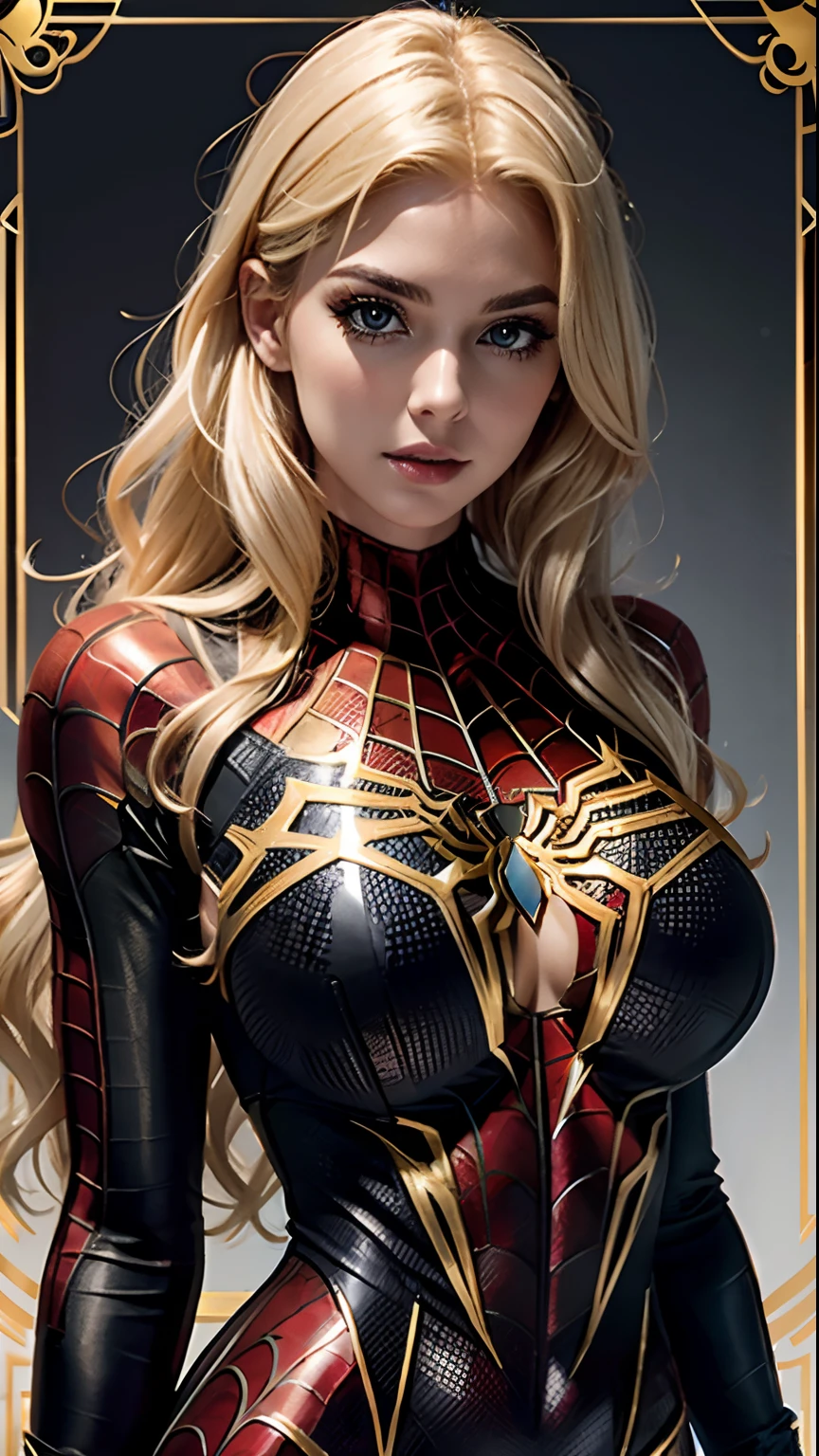 Beautiful blonde woman detailed defined body using gold spider man cosplay with black accent lines, huge breasts