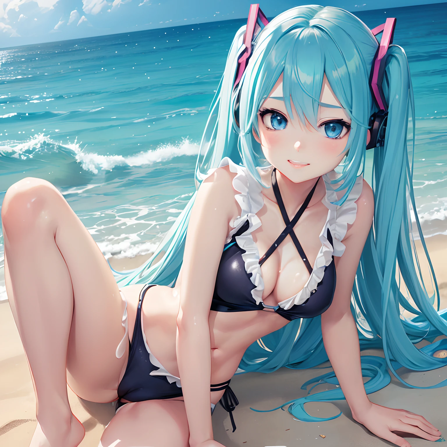 1 rapariga、(Solo), anime style, super fine illustrations、beautiful seductive anime girl、Super detailed、Smile、beautiful blueish eyes、Beautiful proportions、HATSUNEMIKU、Slender、gentle expressions、seductive anime girls、Lackluster skin、Transparent sexy bikini swimsuit、Strong sunlight、Seaside,Vest line, , , , sex