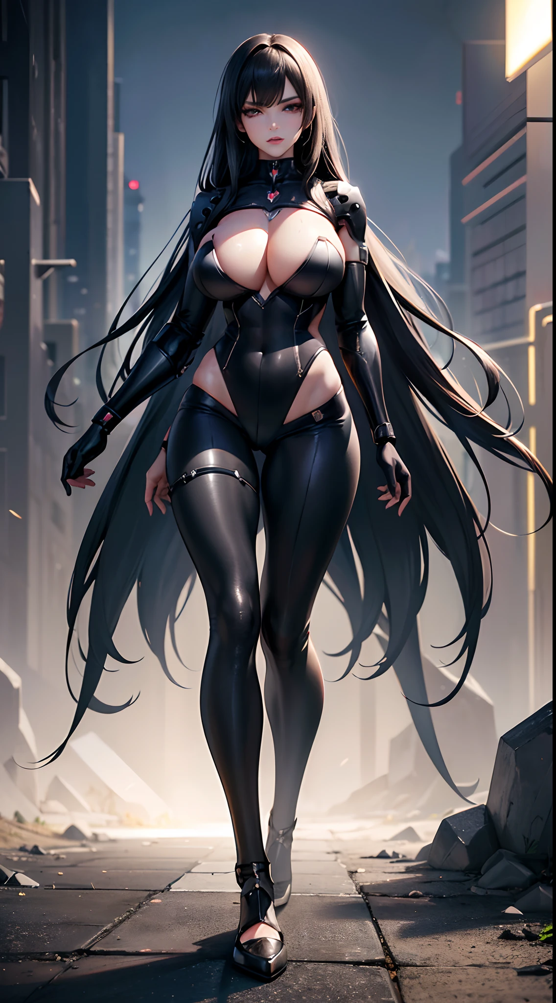 walking underground, (Hyperrealistic: 1.3), athletic European goth woman, white woman, full body, (biochemanical:1.3), wet exposed skin, exposed abs, masterpiece, (dark: 1.3), darkness, low light, night, cinematic lighting, fil noir, highest quality, sexy woman, (high tech cyborg:1.2), (enormous perky detailed breasts), feminine, symmetrical, highly detailed, gigapixel, fit, (sharp body), detailed body, on focus, gorgeous face, (black eye makeup), (black lipstick), (black hair in dreadlocks), (Simon Bisley), (2000 a.d.), (ABC warriors), (Joe pineapples), ridged, grim, grim-dark, absolute cleavage, showing a delicate slim figure and graceful curves, (beautiful long legs:1.3),