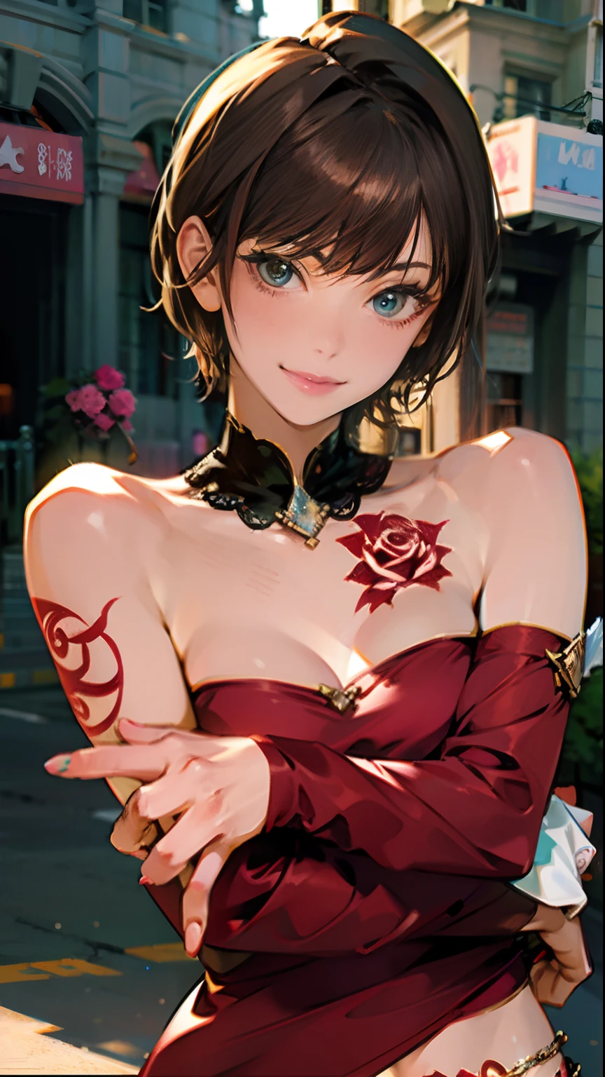 Beautiful women all body tattoos , Short hair bangs with arms crossed, no-bra、teats、Smiling Rose,、street corner、