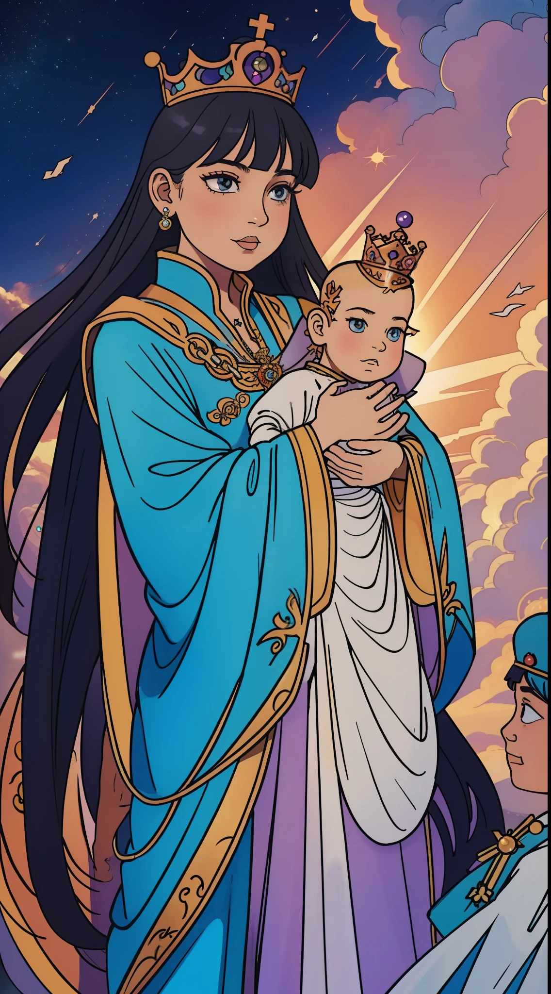 The beautiful -yeld qu holds a (baby prin.5) wearing shavings in her arms, Walking, Straight eyes, radiating a brilliant aura, Rosary handle, Crown Team, (Systemic: 2.0), Stand in the cloud, our lady, (full body: 2.0) anime, orgrange, with black parts. cinematic lighting, Futurism, Surrealism, anatomically correct, 4K, 8k, super detail, sfw