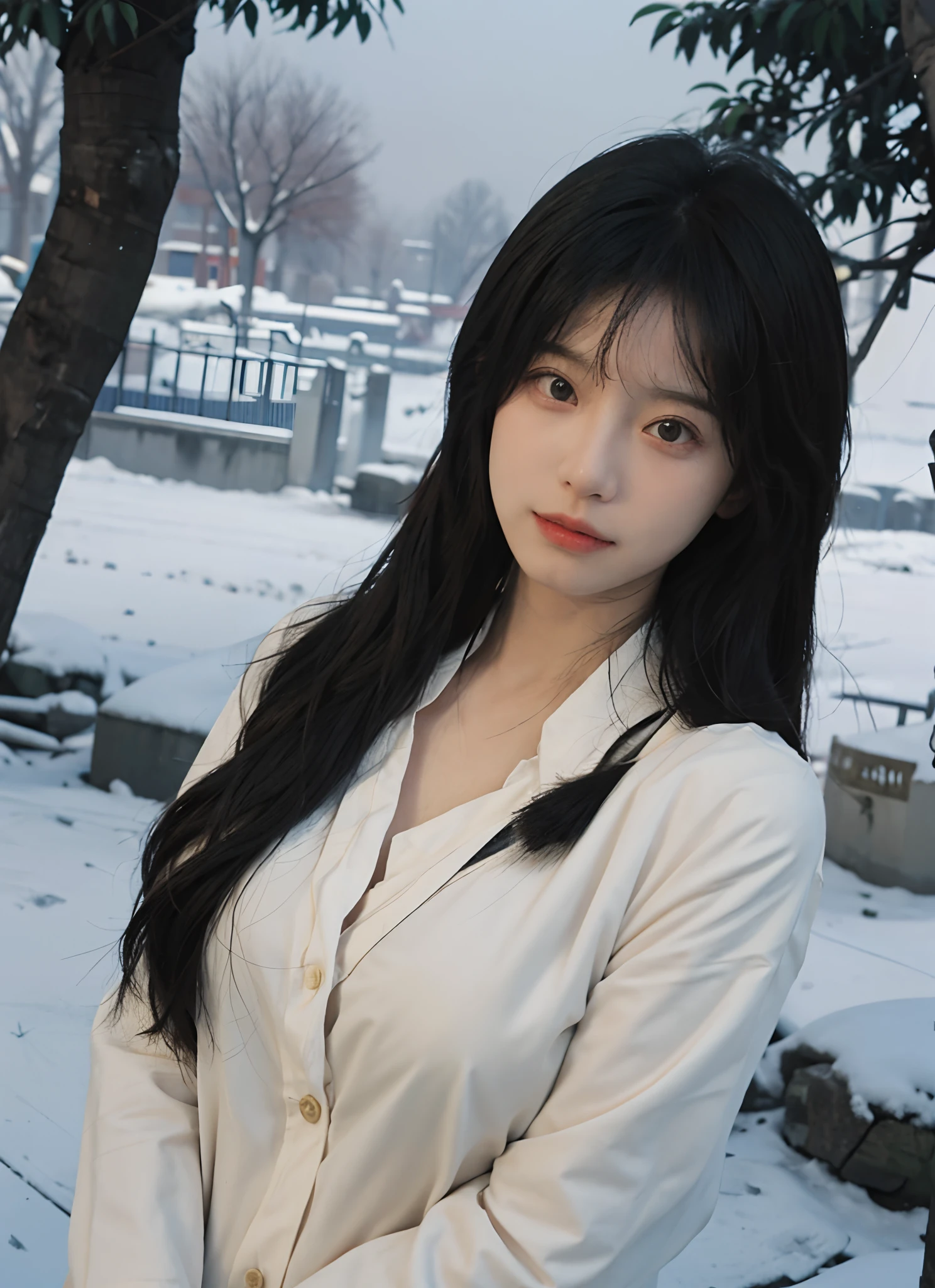 best qualtiy， 超高分辨率， （realisticlying：1.4）， one-girl， A pair of eyes as clear as snow,Royal Sister，Black long straight，yellow school uniforms， （big cleavage breasts：1.3）， looking at viewert， closeup cleavage ，
