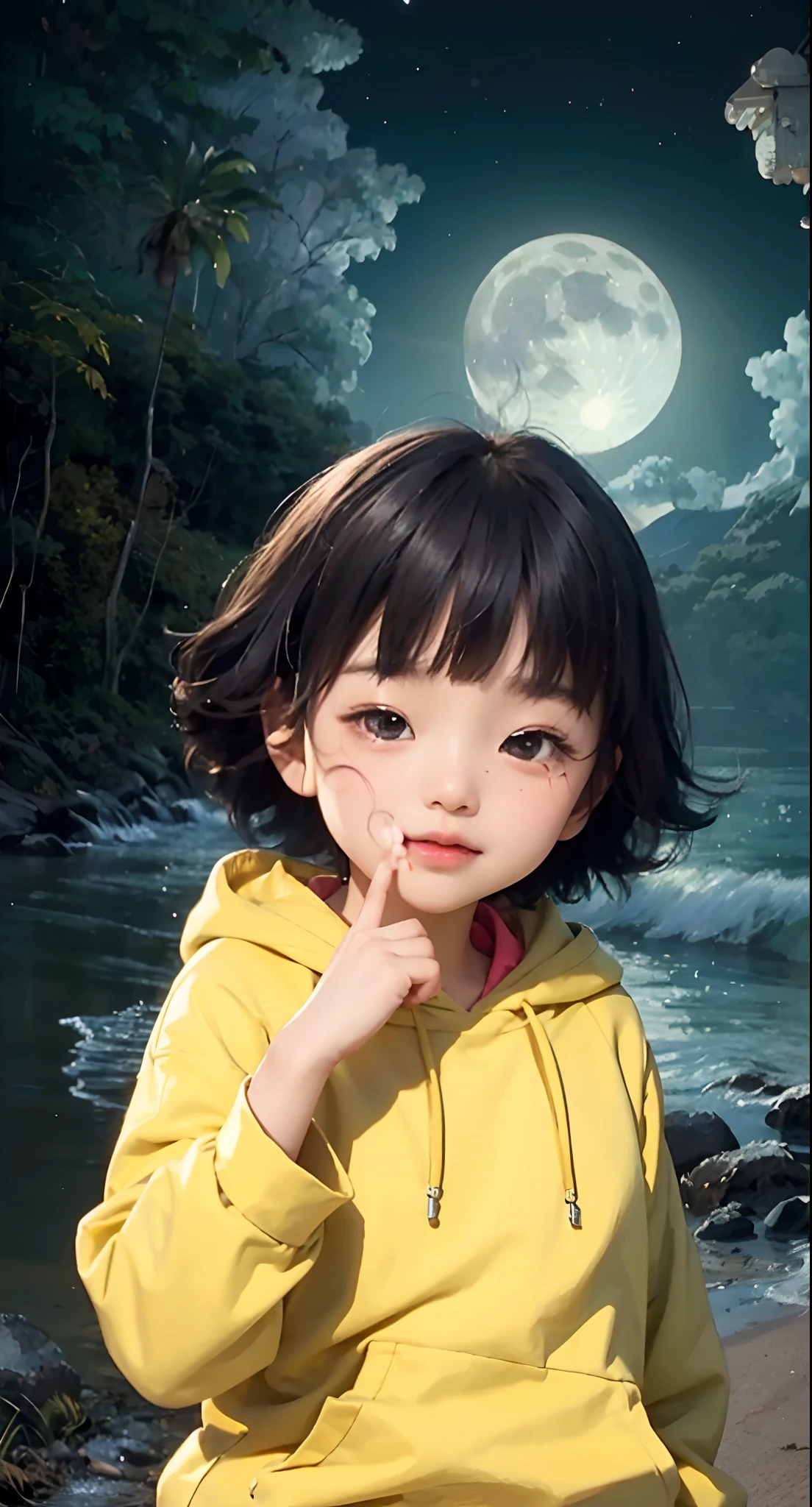 Real life adaption of this character, Beautiful face of  Korean child,e exactly expression,looking to viewer,realistic same hair with Bangs and The back hair is spiky hair , (realistic same tight outfit ),realistic nature scenery with Moonlight view background, hyper realistic, realistic light, realistic shadow, realism,(photorealistic:1.2)