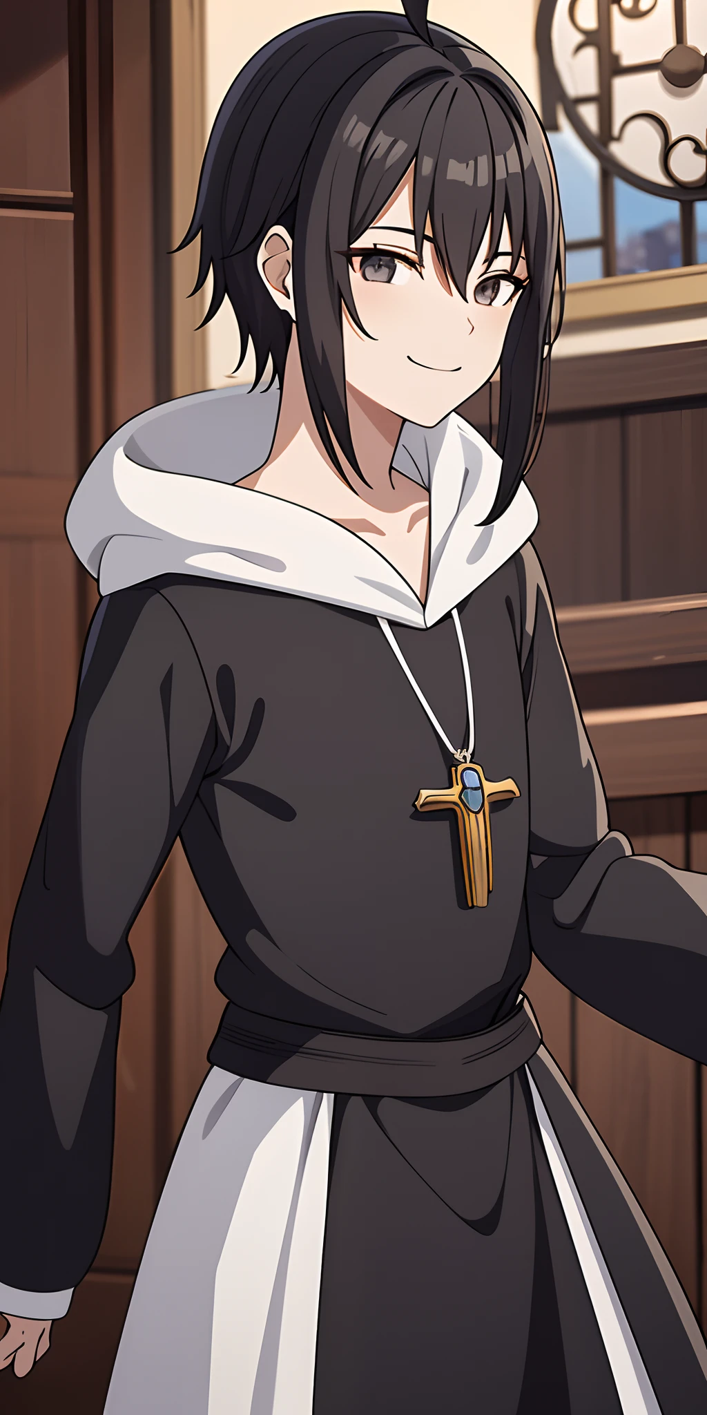 1 boy、A dark-haired、Splattered hair、18year old、A smile、Smiled、((Costumes of medieval Europe)),Knights,(grey Clothes),Black eyes、cowboy shot,Young features、fool、Ahoge、roundly eyes、(Round eyes)、magia,shorth hair,musculature、((ember))