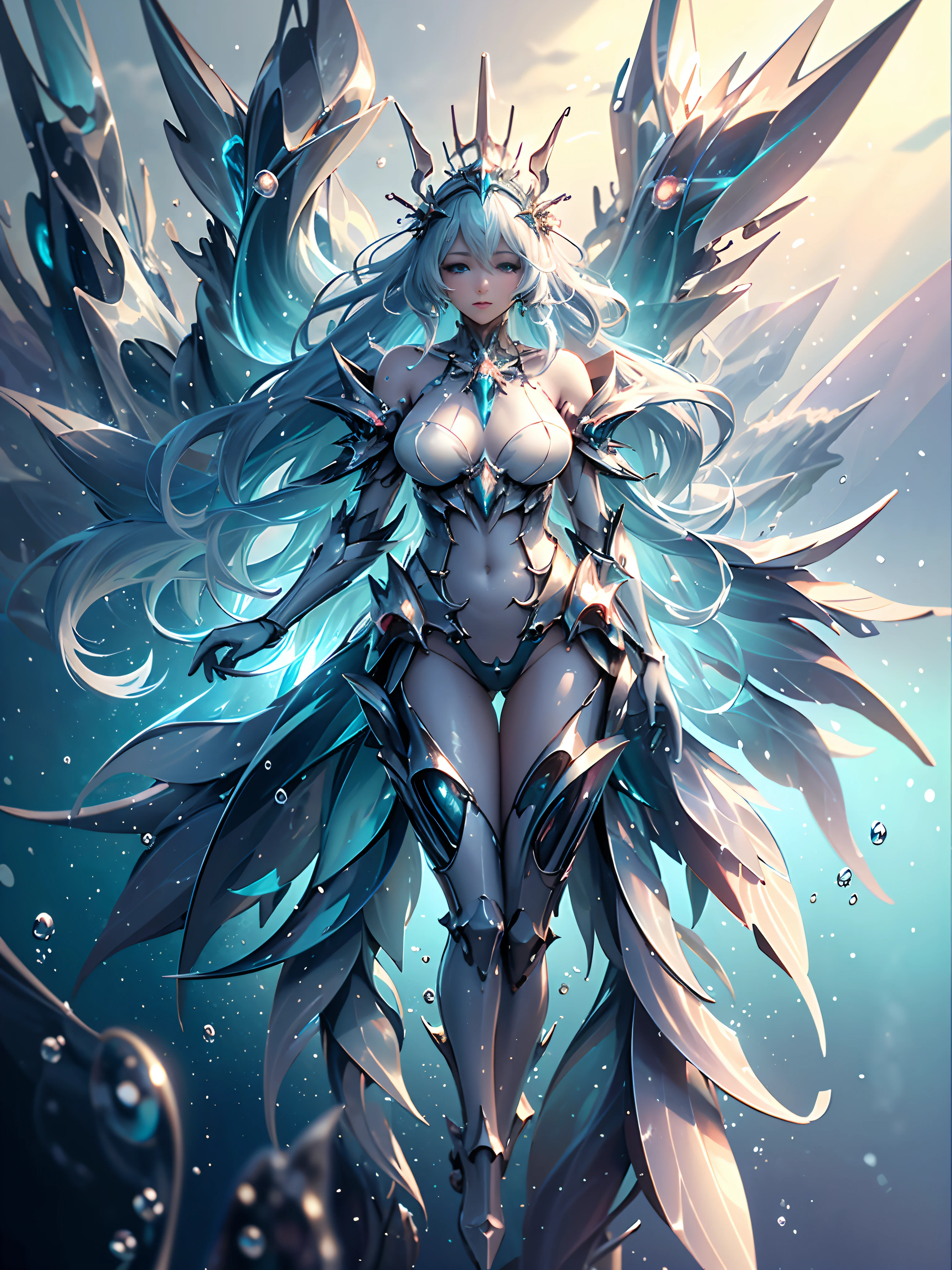 ((Need)), ((tmasterpiece)), (A detailed)),Futuristic translucent ethereal queen of the sea，Futuristic city and futuristic wonderland background of deep sea，Mechanical joints，Colorful rainbow，16k,UHD resolution，Simple composition，??????? correct，Surreal dreams，Surrealist art fantasy style，Epic digital fantasy art style，Art germ, Broken glass, ((bubbly underwater scenery)) Radiant light octane rendering is highly detailed