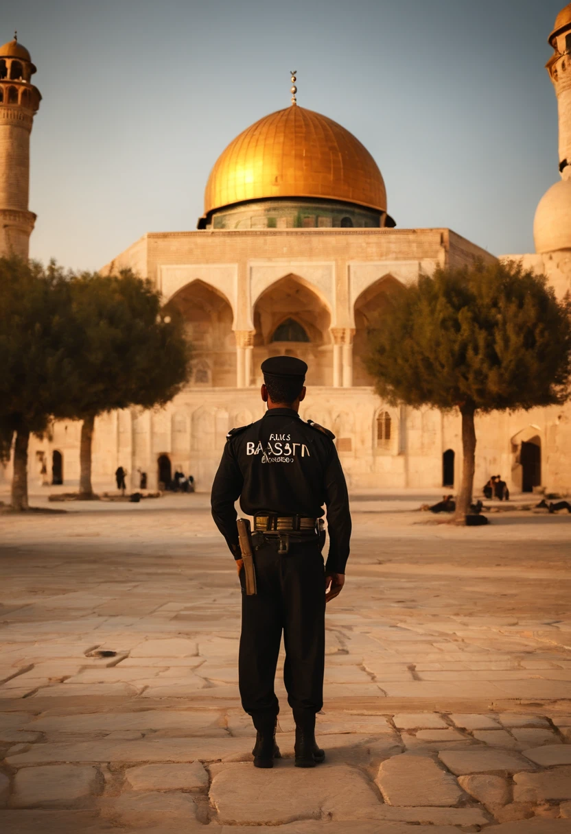 (Pakistani Commando wearing black commando uniform with the name Basit Written back side of the shirt) (standing on the Rock) in front of (masjid ul aqsa) (sunset time ) (Palestine falg) 8k resolution realistic image